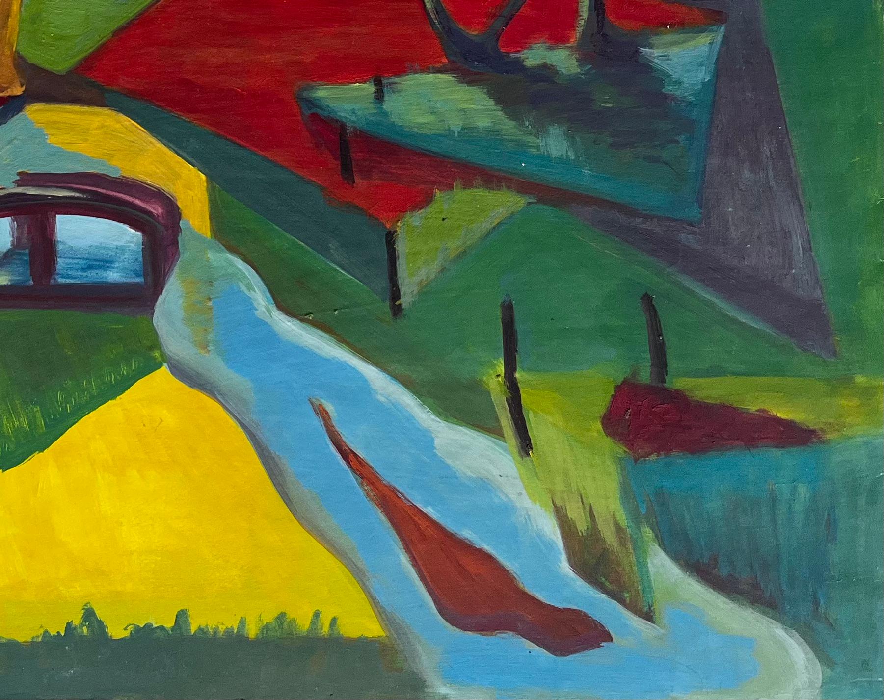 Titolo: Strada di campagna colorata con ponte Paesaggio moderno francese Gouache
Guy Nicod (francese, 1923 - 2021) 
Guazzo su carta d'artista, senza cornice
Dimensioni: 15,75 x 24,25 pollici (altezza x larghezza)
Provenienza: Proprietà di Artistics,
