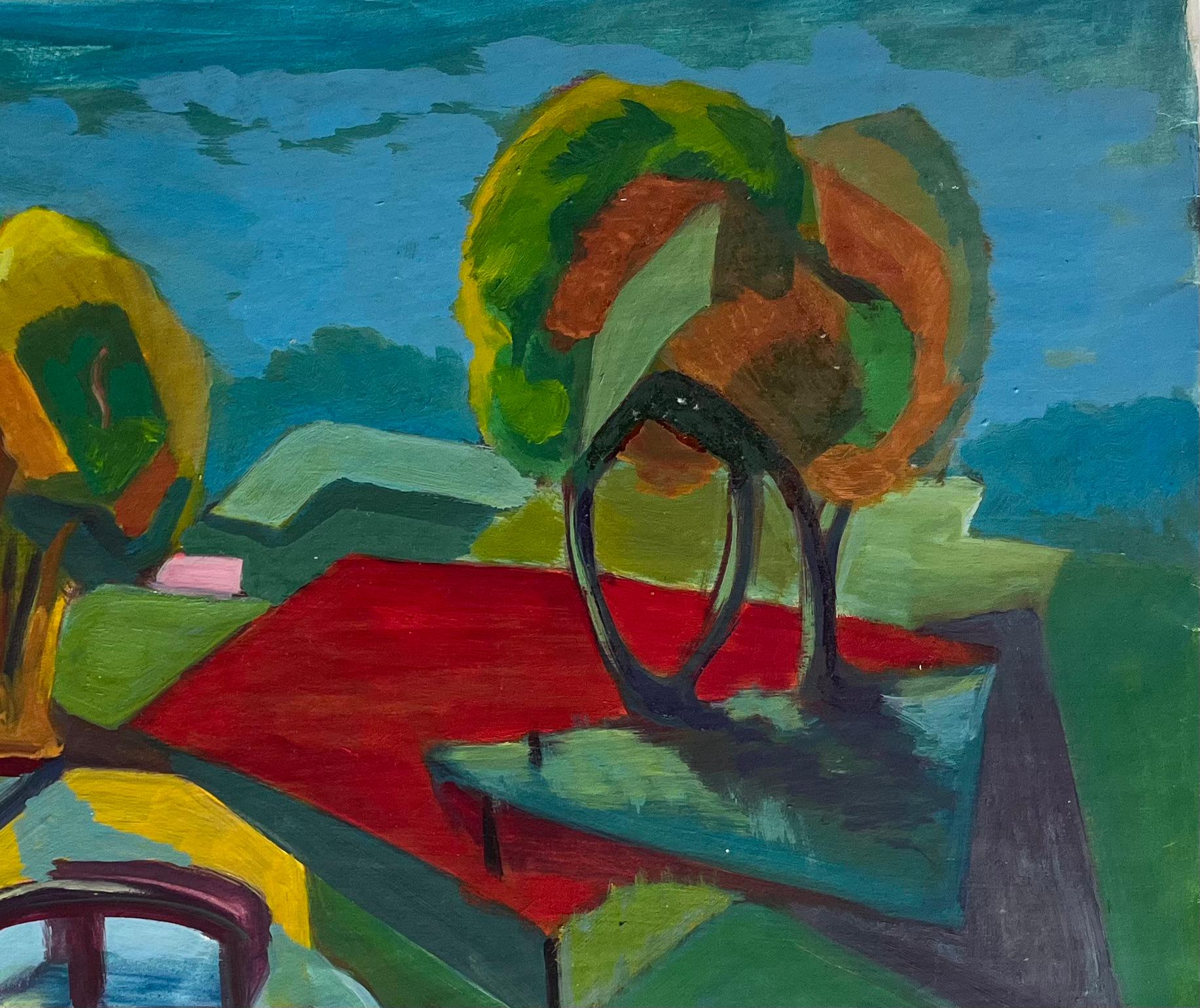 Strada di campagna colorata con ponte Paesaggio moderno francese Gouache in vendita 1