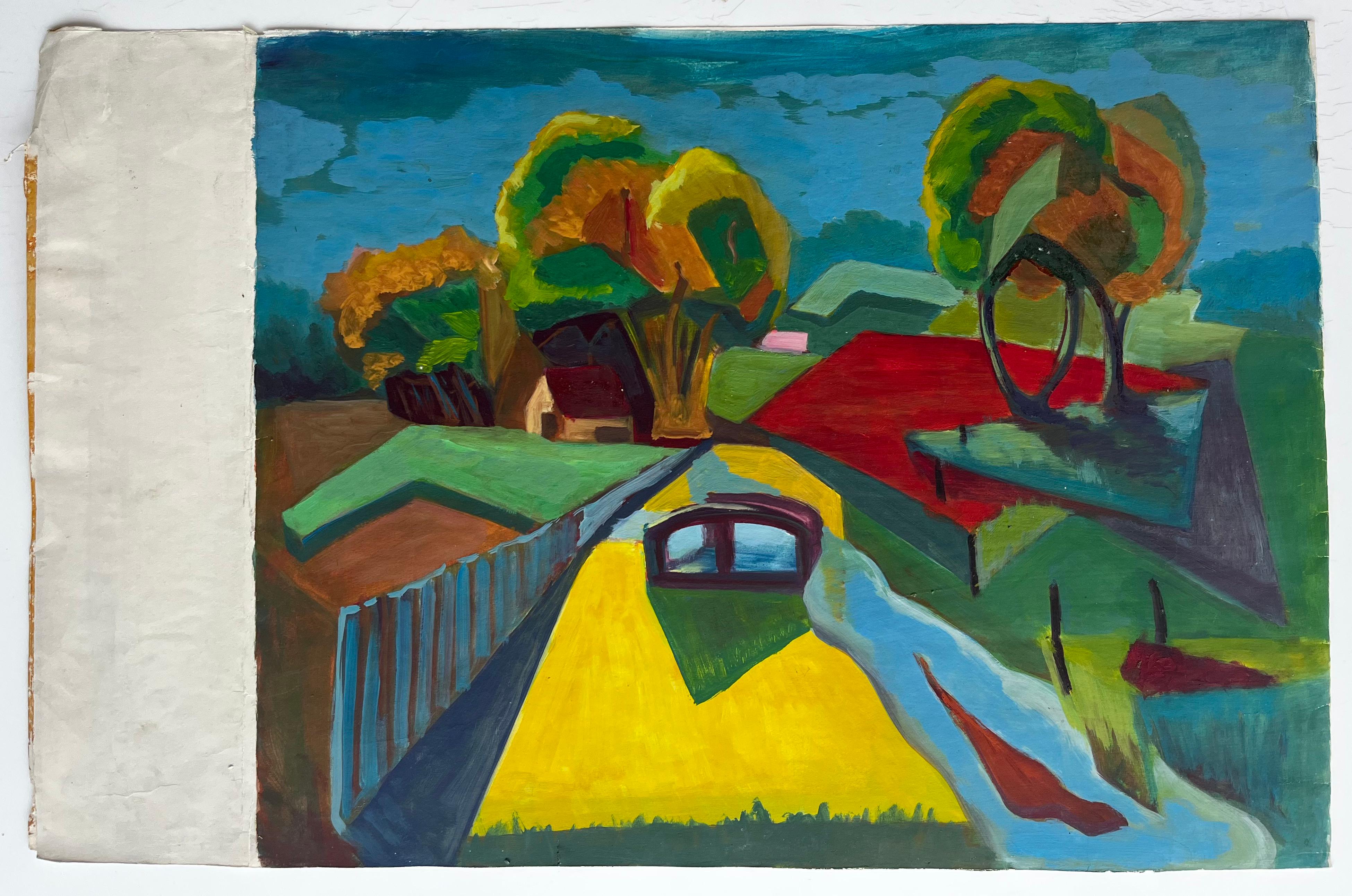 Strada di campagna colorata con ponte Paesaggio moderno francese Gouache - Art di Guy Nicod