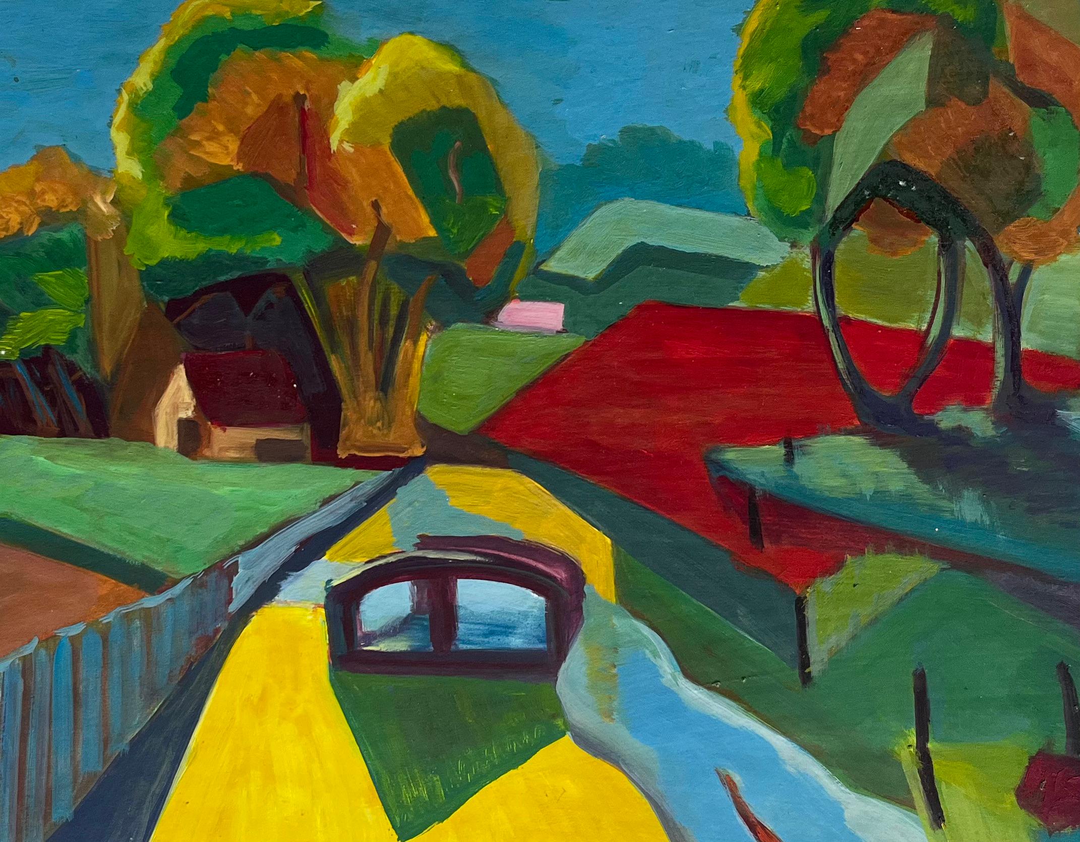 Strada di campagna colorata con ponte Paesaggio moderno francese Gouache in vendita 2