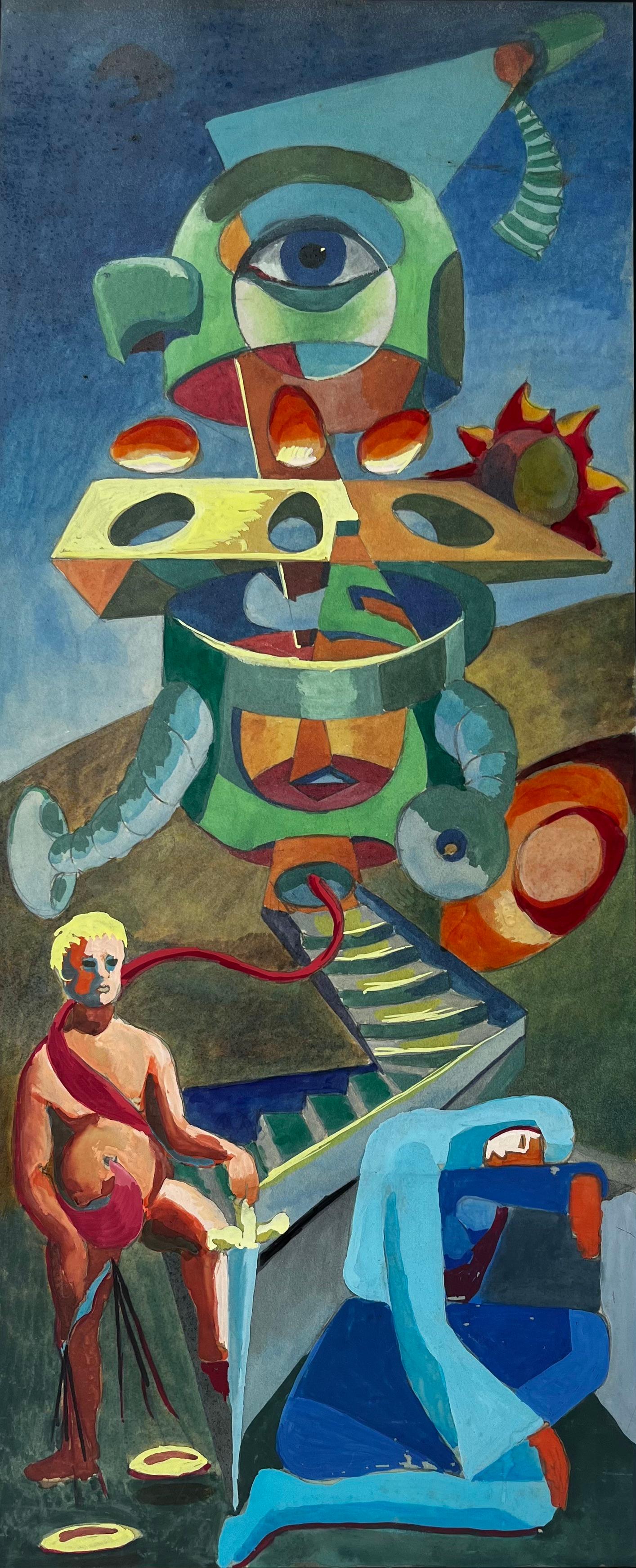 Surrealist Composition with Figures and Geometric Forms French Modern Gouache