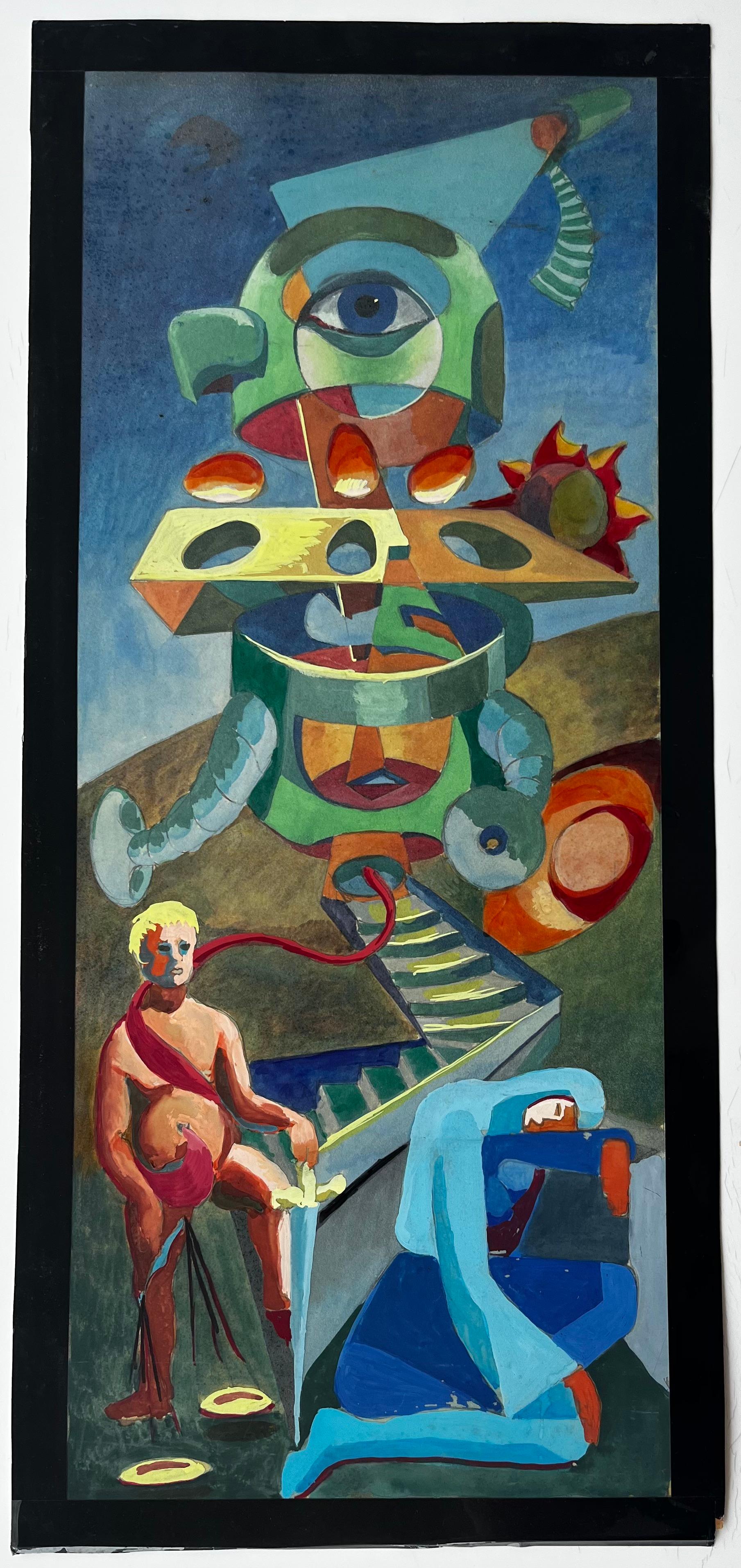 Composition surréaliste avec figures et formes géométriques Gouache moderne française - Art de Guy Nicod