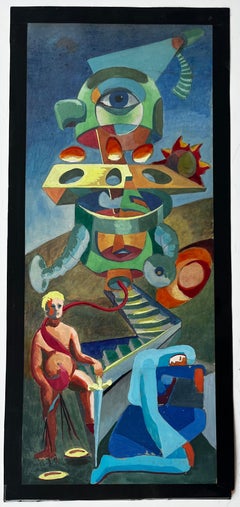 Surrealist Composition with Figures and Geometric Forms French Modern Gouache