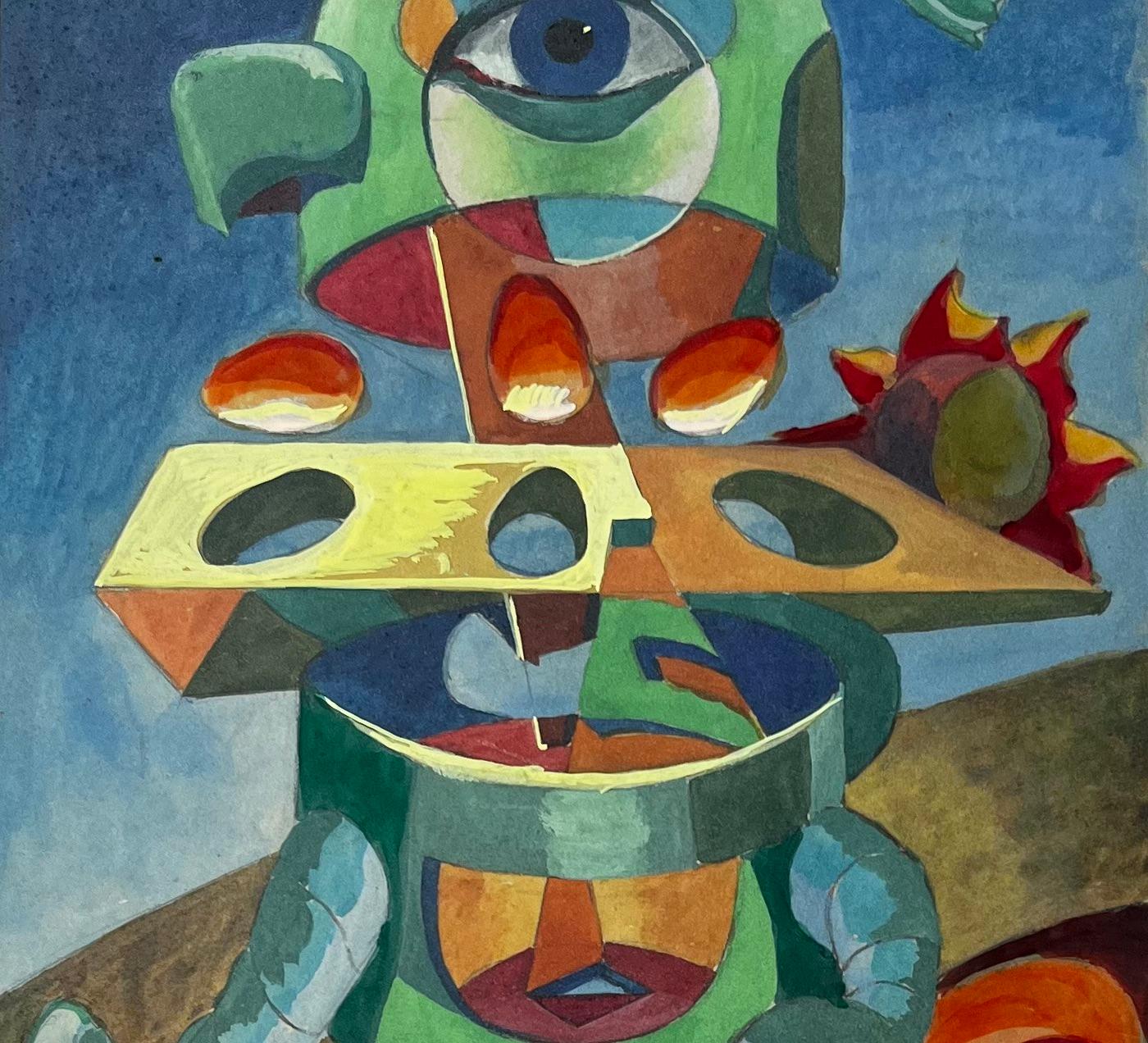 Composition surréaliste avec figures et formes géométriques Gouache moderne française - Moderne Art par Guy Nicod