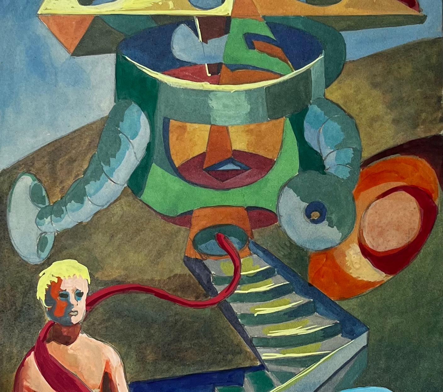 Titre : Composition surréaliste avec figures et formes géométriques Gouache moderne française
Guy Nicod (français 1923 - 2021) 
Gouache sur papier d'artiste, non encadrée
Taille : 21.5 x 9.75 pouces (hauteur x largeur)
Provenance : Succession