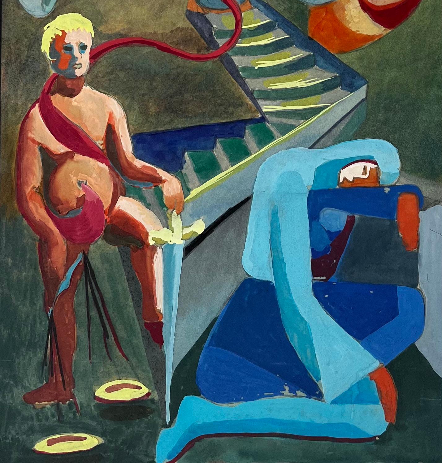 Composition surréaliste avec figures et formes géométriques Gouache moderne française en vente 1
