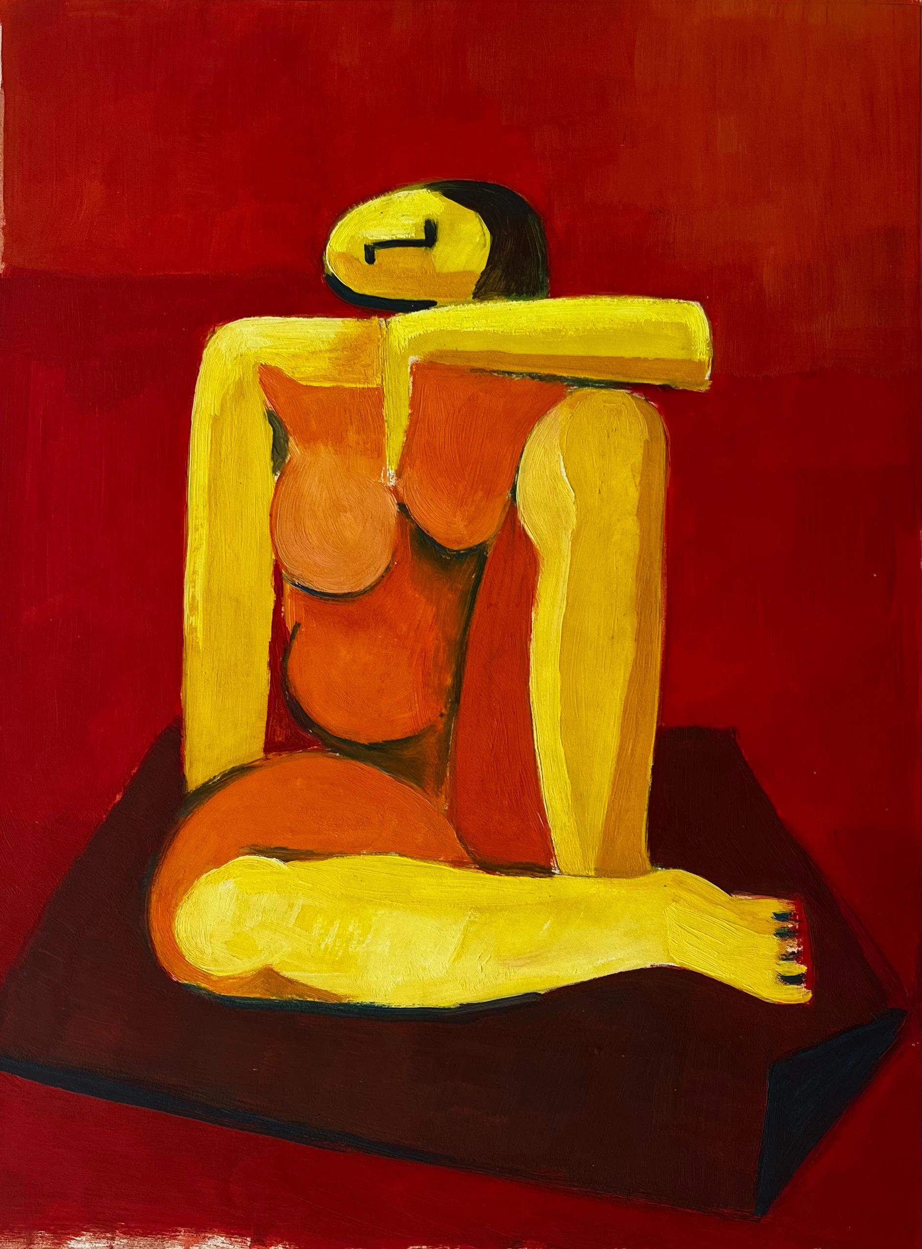 Abstrakter sitzender Akt mit rotem Hintergrund Französische Moderne Figurative Gouache