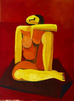 Abstrakter sitzender Akt mit rotem Hintergrund Französische Moderne Figurative Gouache