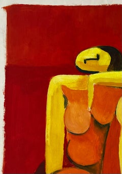 Nudo astratto seduto con sfondo rosso Gouache figurativa moderna francese