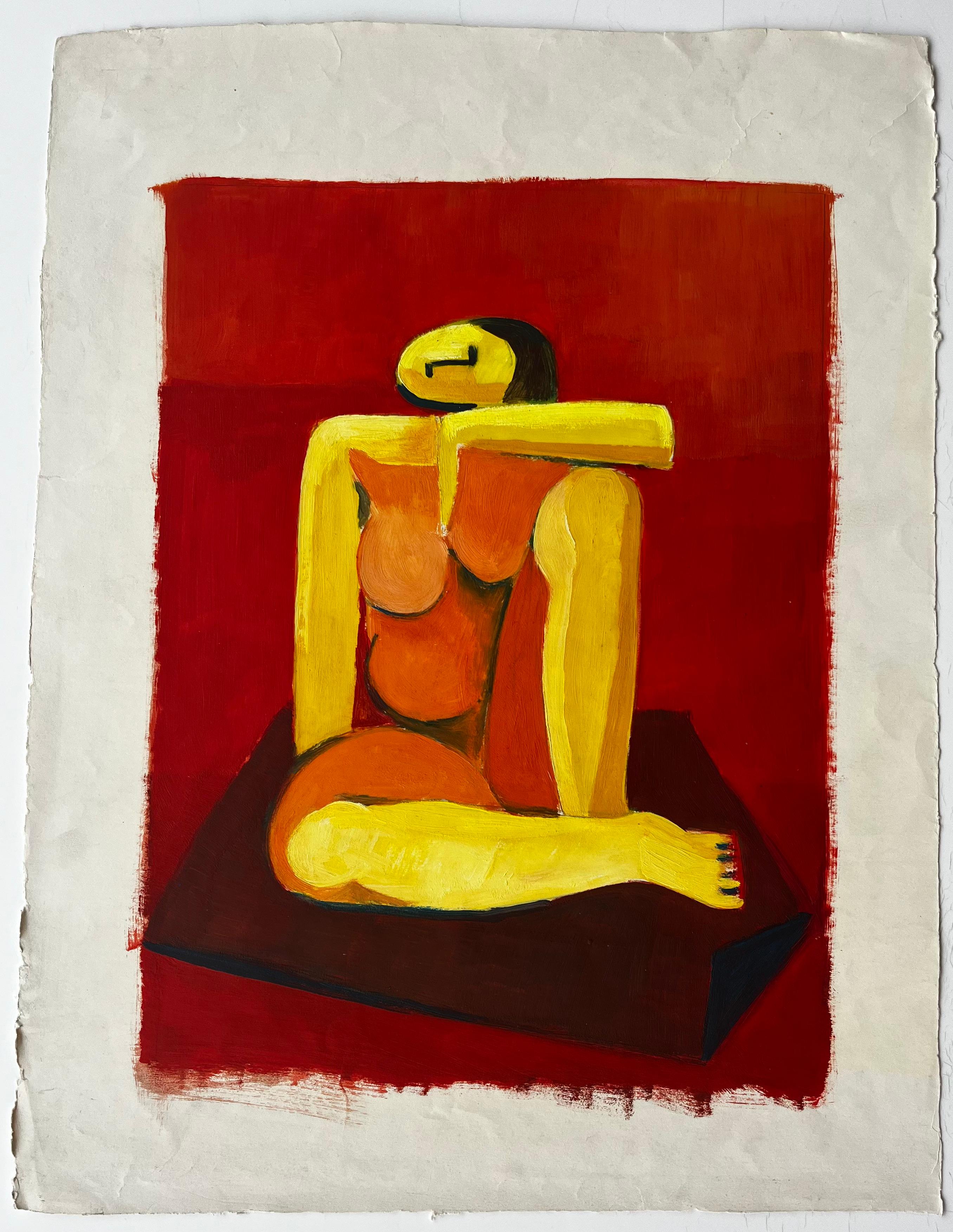 Nu assis abstrait sur fond rouge Gouache figurative moderne française - Moderne Art par Guy Nicod