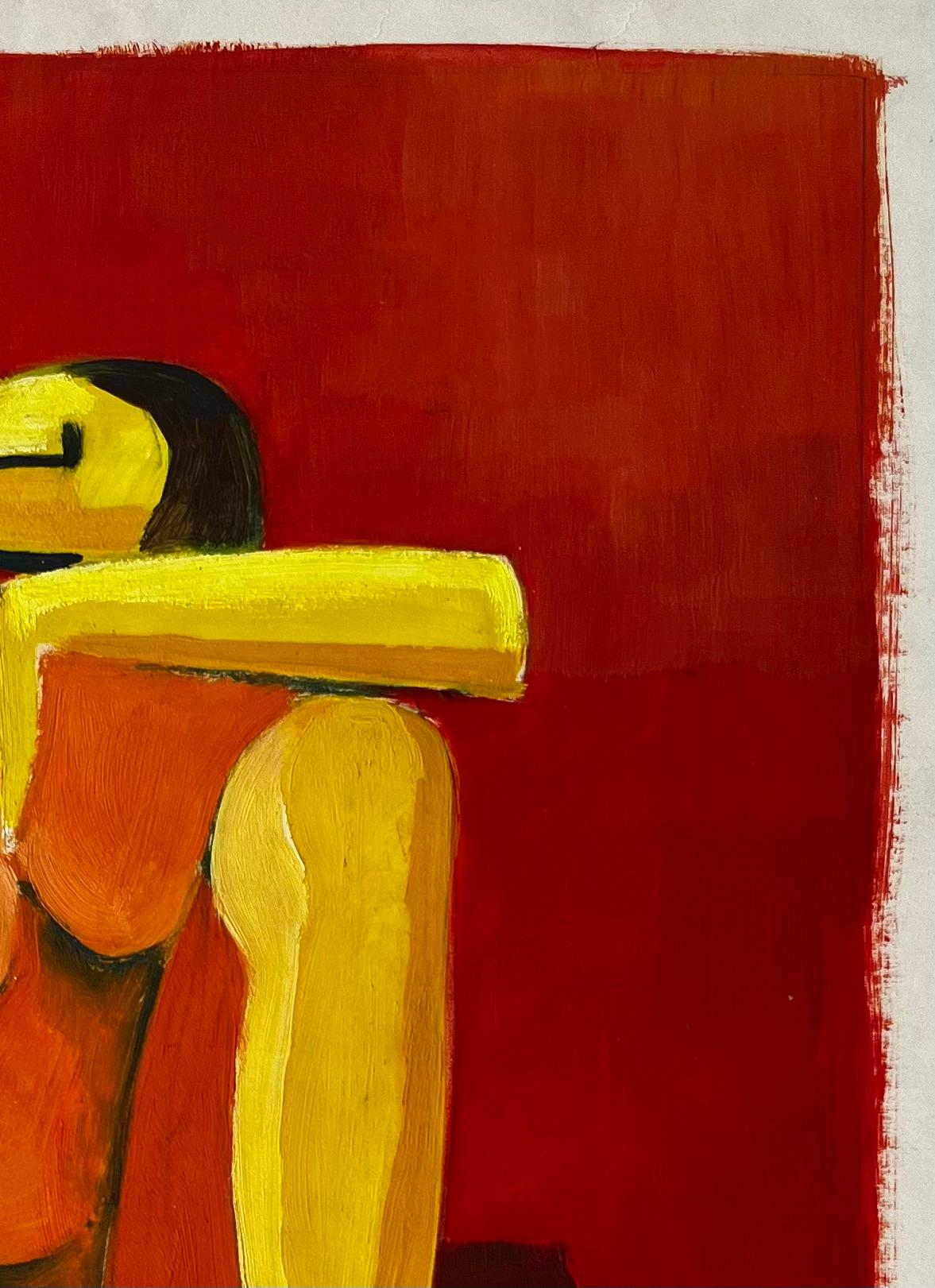 Nu assis abstrait sur fond rouge Gouache figurative moderne française - Rouge Figurative Art par Guy Nicod