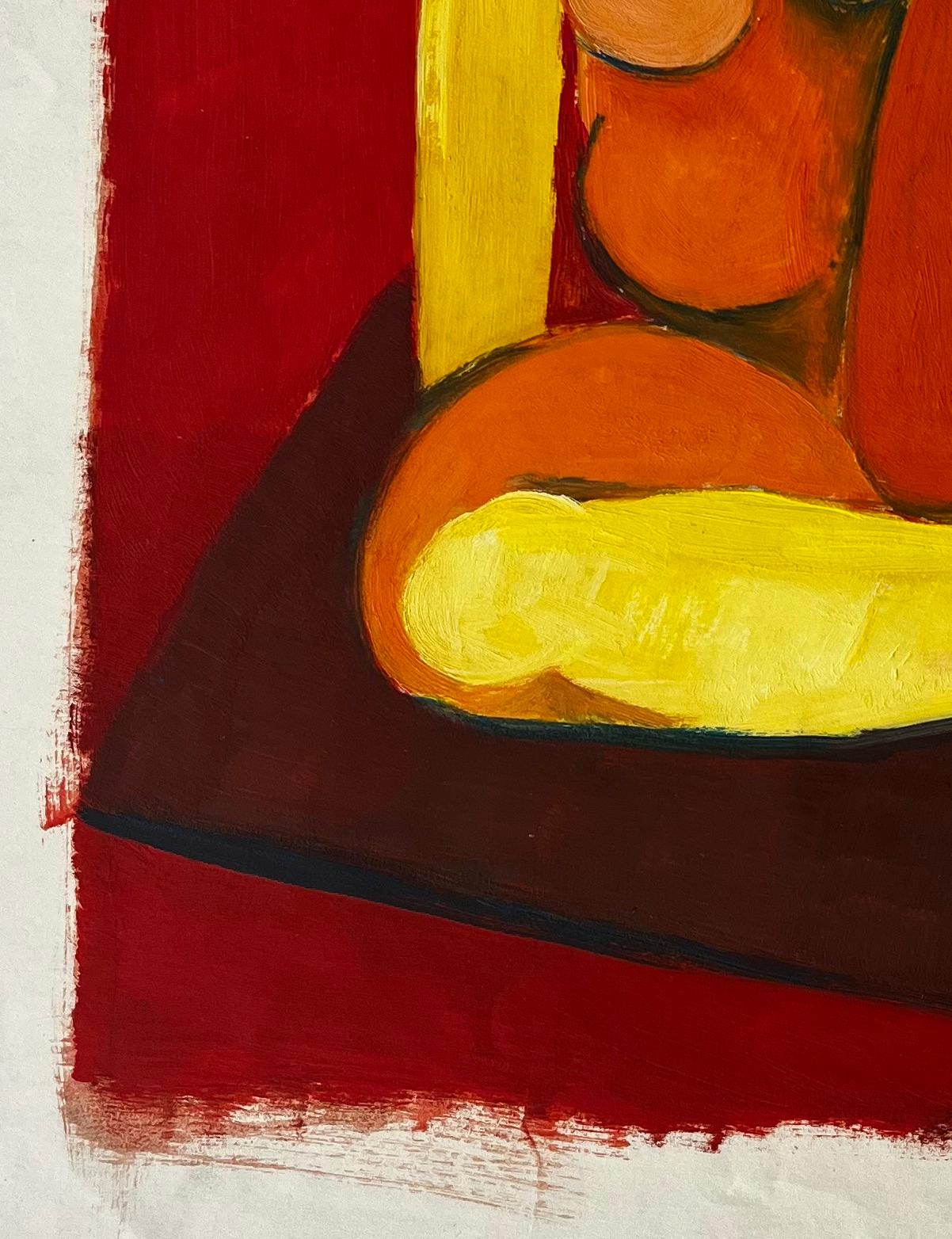 Nu assis abstrait sur fond rouge Gouache figurative moderne française en vente 1