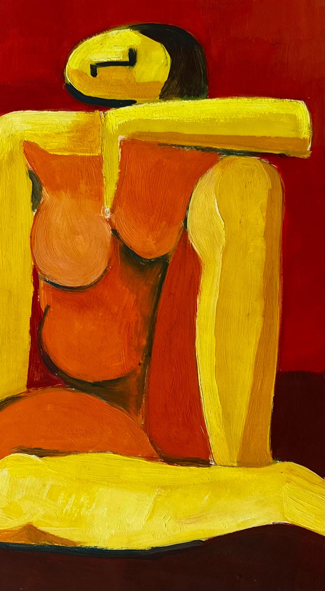 Nu assis abstrait sur fond rouge Gouache figurative moderne française en vente 2