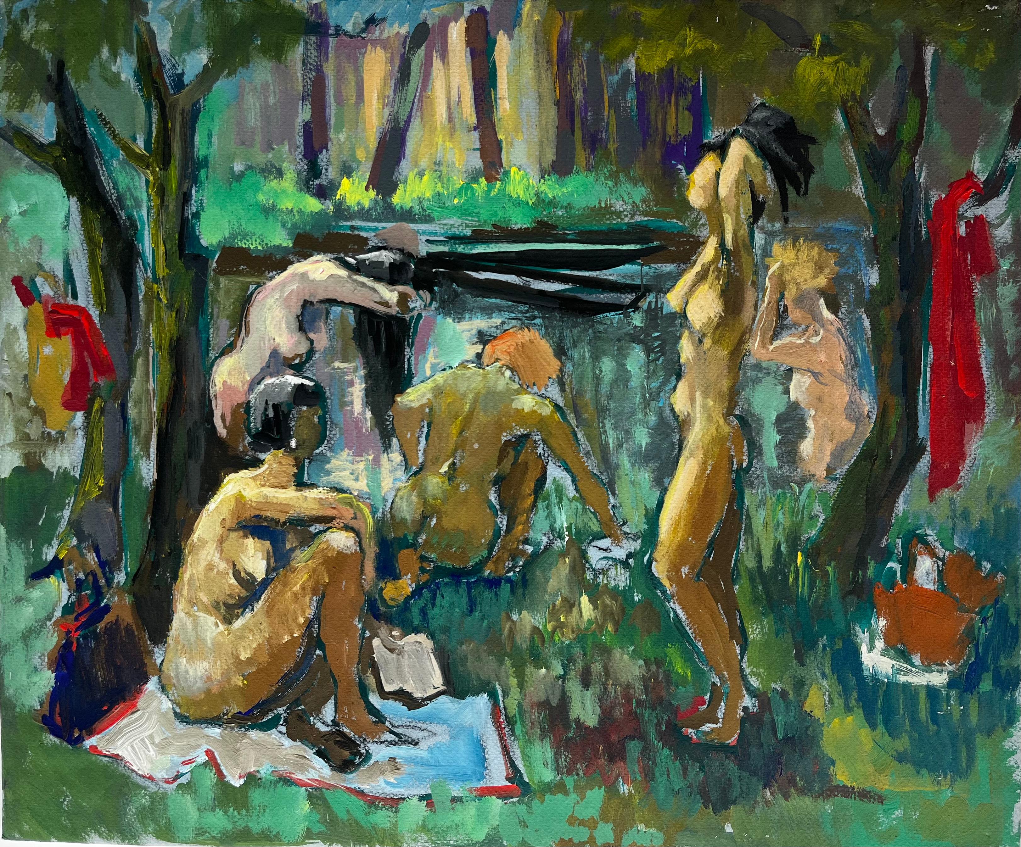 Baigneurs nus au bord de la rivière Peinture à l'huile moderne de Guy Nicod