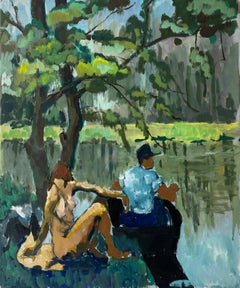 Coppia in riva al fiume Pittura ad olio moderna francese di Guy Nicod