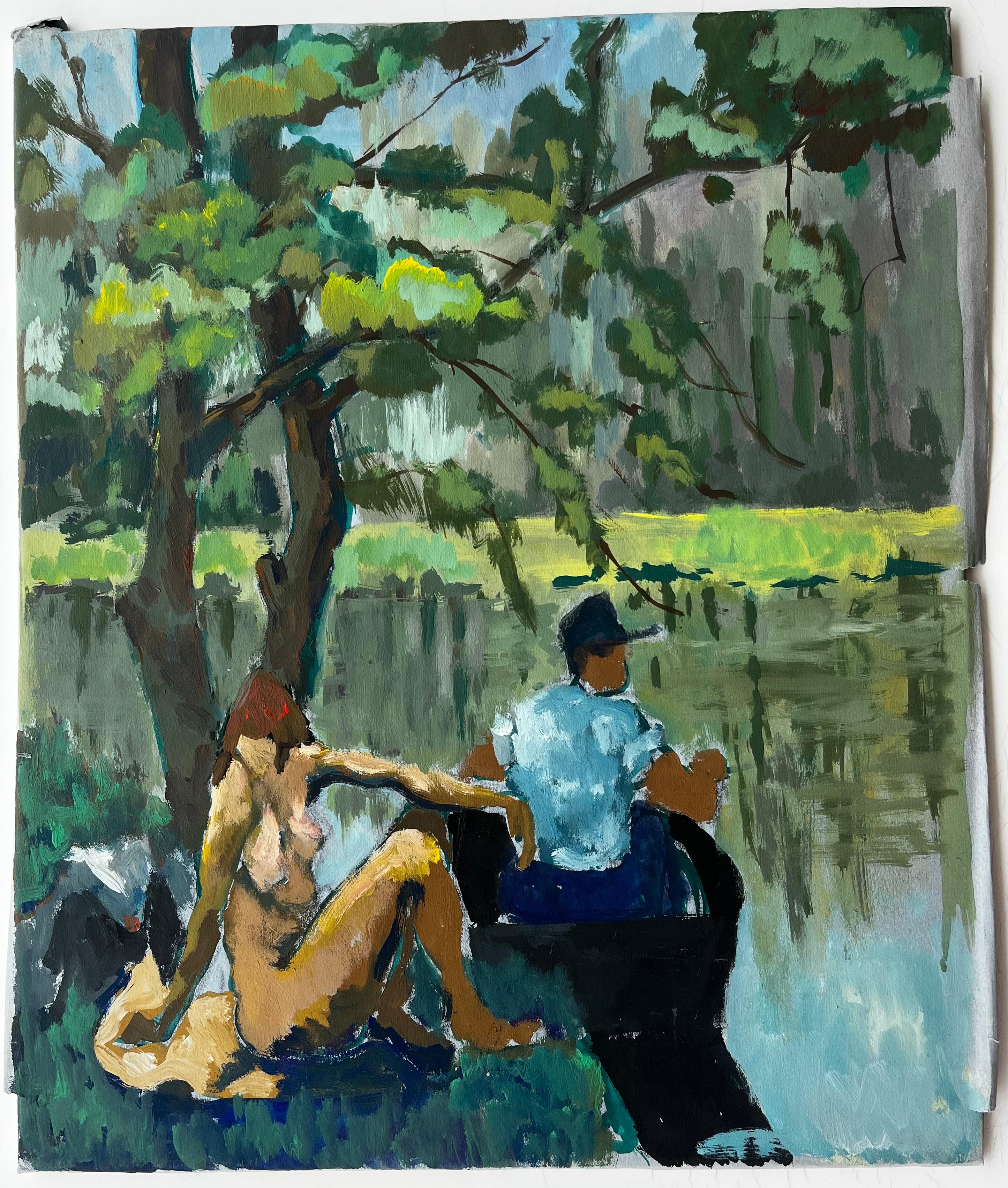 Pareja junto al río Óleo moderno francés de Guy Nicod en venta 1