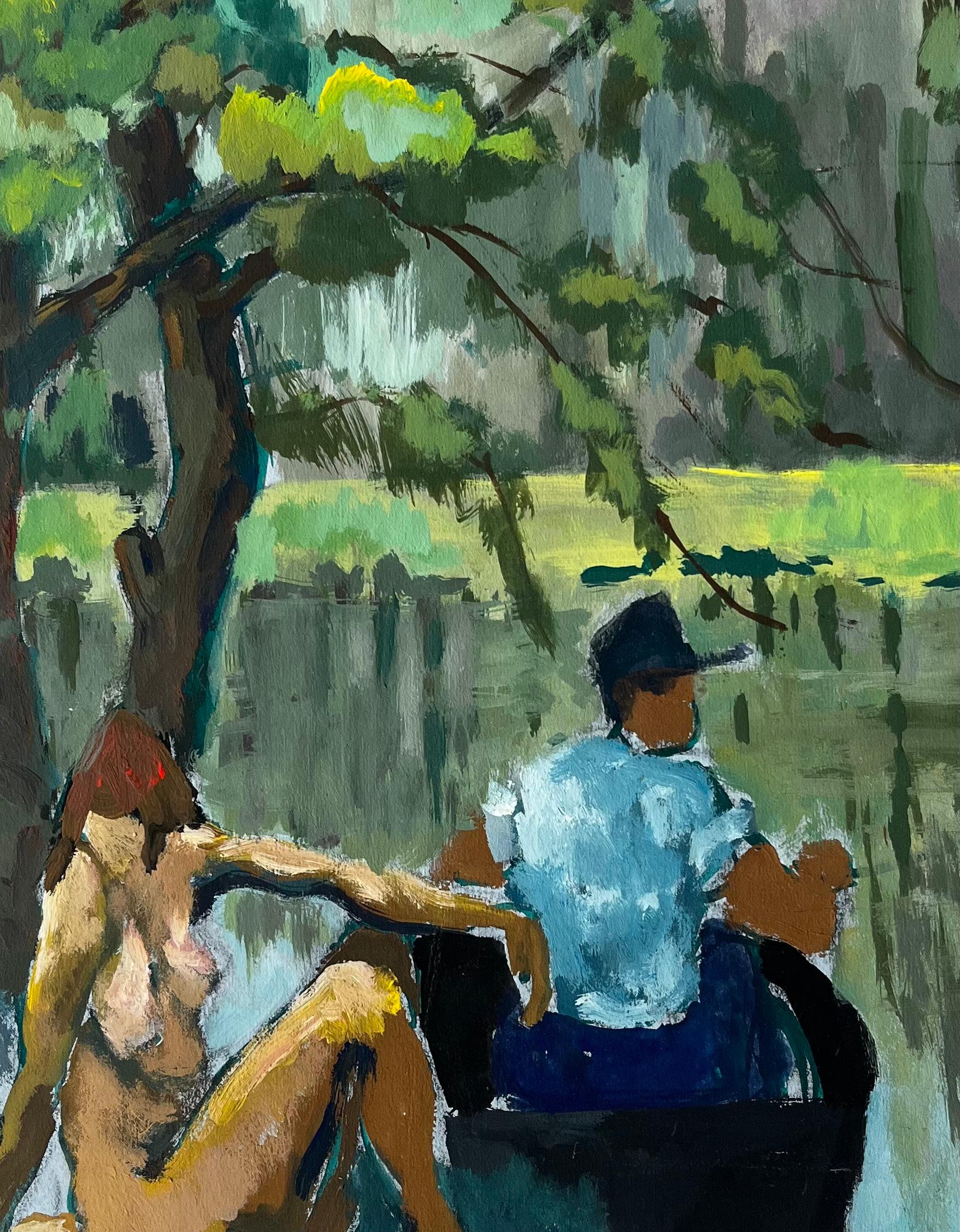 Pareja junto al río Óleo moderno francés de Guy Nicod en venta 6