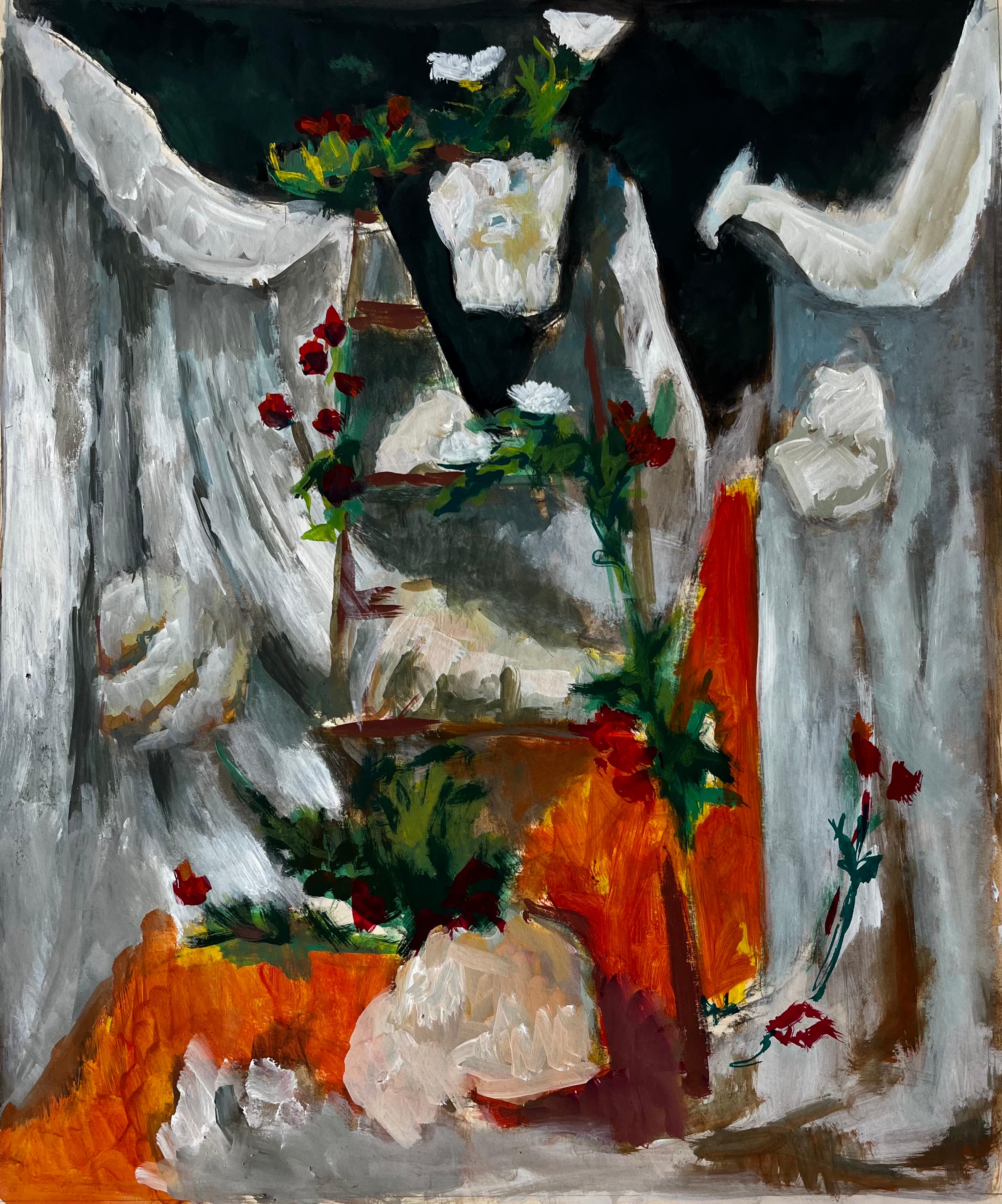 Nature morte à la draperie blanche et aux fleurs Peinture à la gouache moderne française