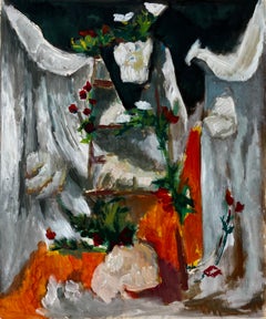 Nature morte à la draperie blanche et aux fleurs Peinture à la gouache moderne française