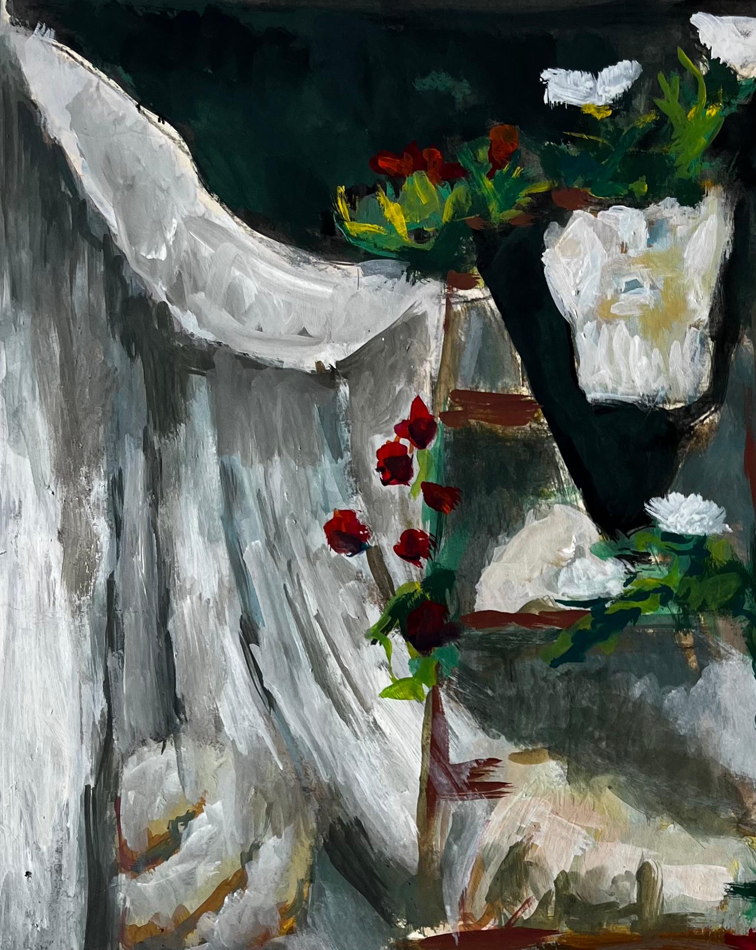 Nature morte à la draperie blanche et aux fleurs Peinture à la gouache moderne française - Moderne Art par Guy Nicod