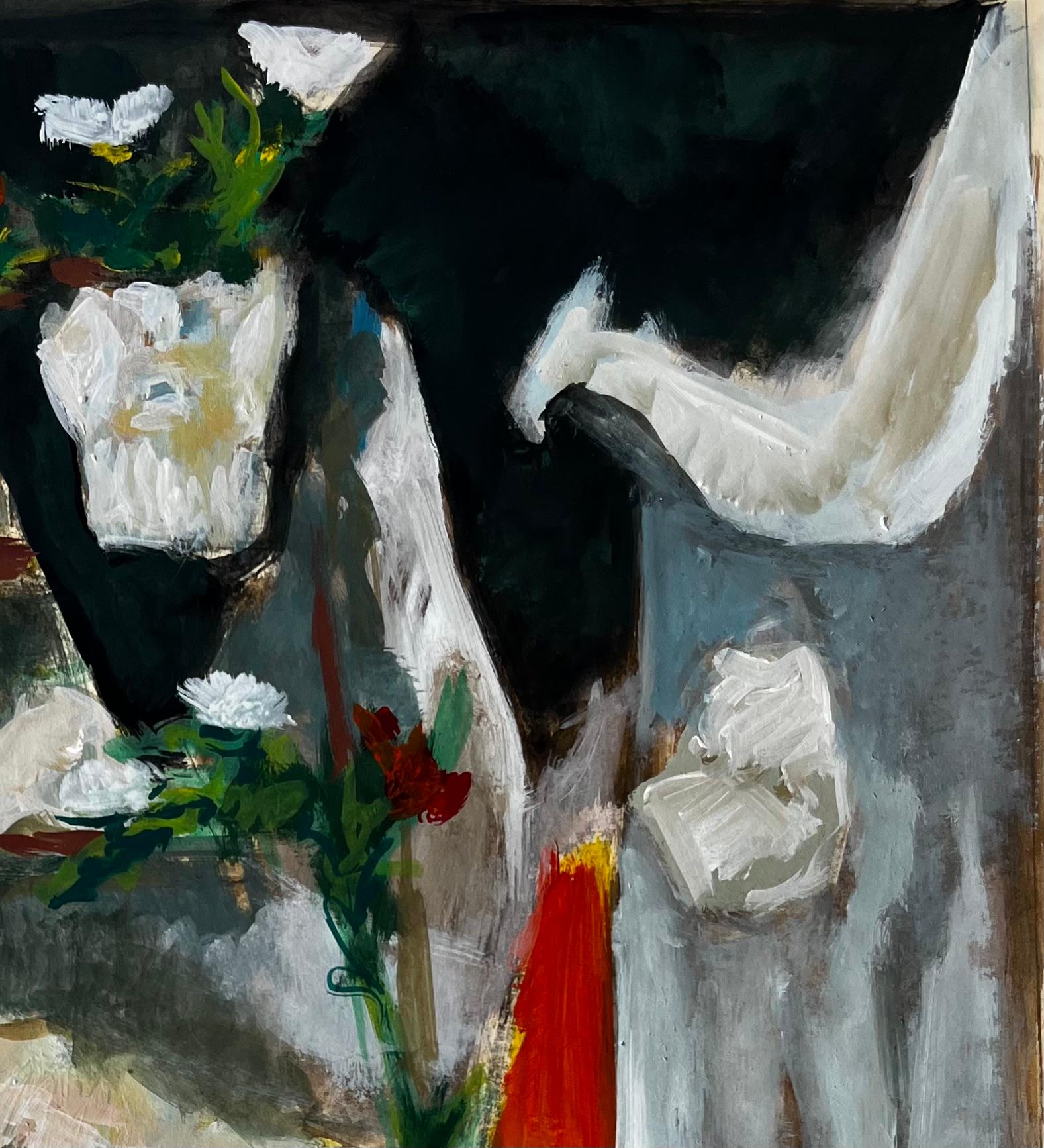 Nature morte à la draperie blanche et aux fleurs Peinture à la gouache moderne française - Noir Still-Life par Guy Nicod