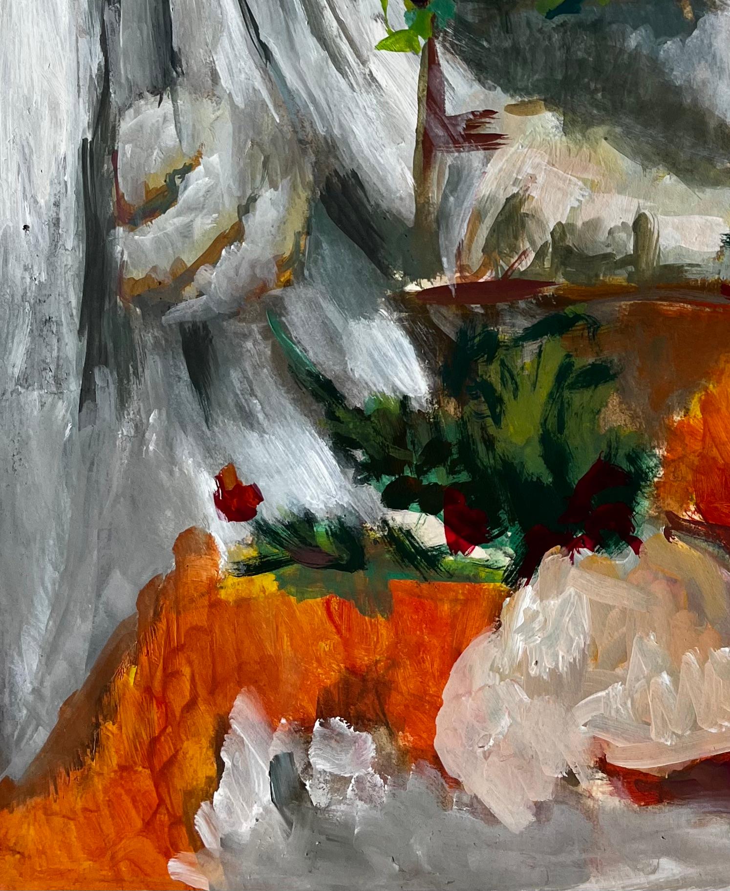 Titre : Nature morte avec draperie blanche et fleurs Peinture à la gouache moderne française
Guy Nicod (français 1923 - 2021) 
Gouache sur papier d'artiste, non encadrée
Taille : 22.75 x 19 pouces (hauteur x largeur)
Provenance : Succession