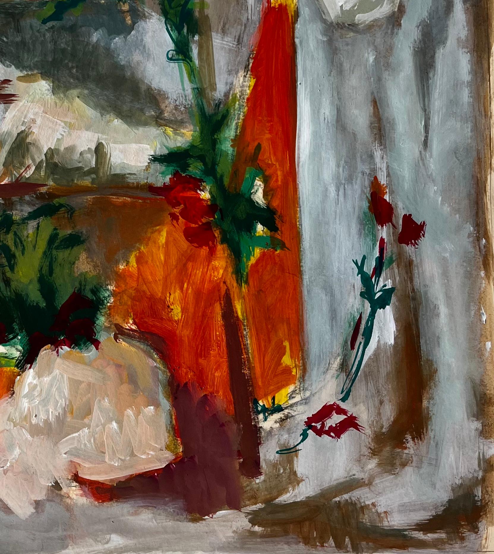 Nature morte à la draperie blanche et aux fleurs Peinture à la gouache moderne française en vente 1