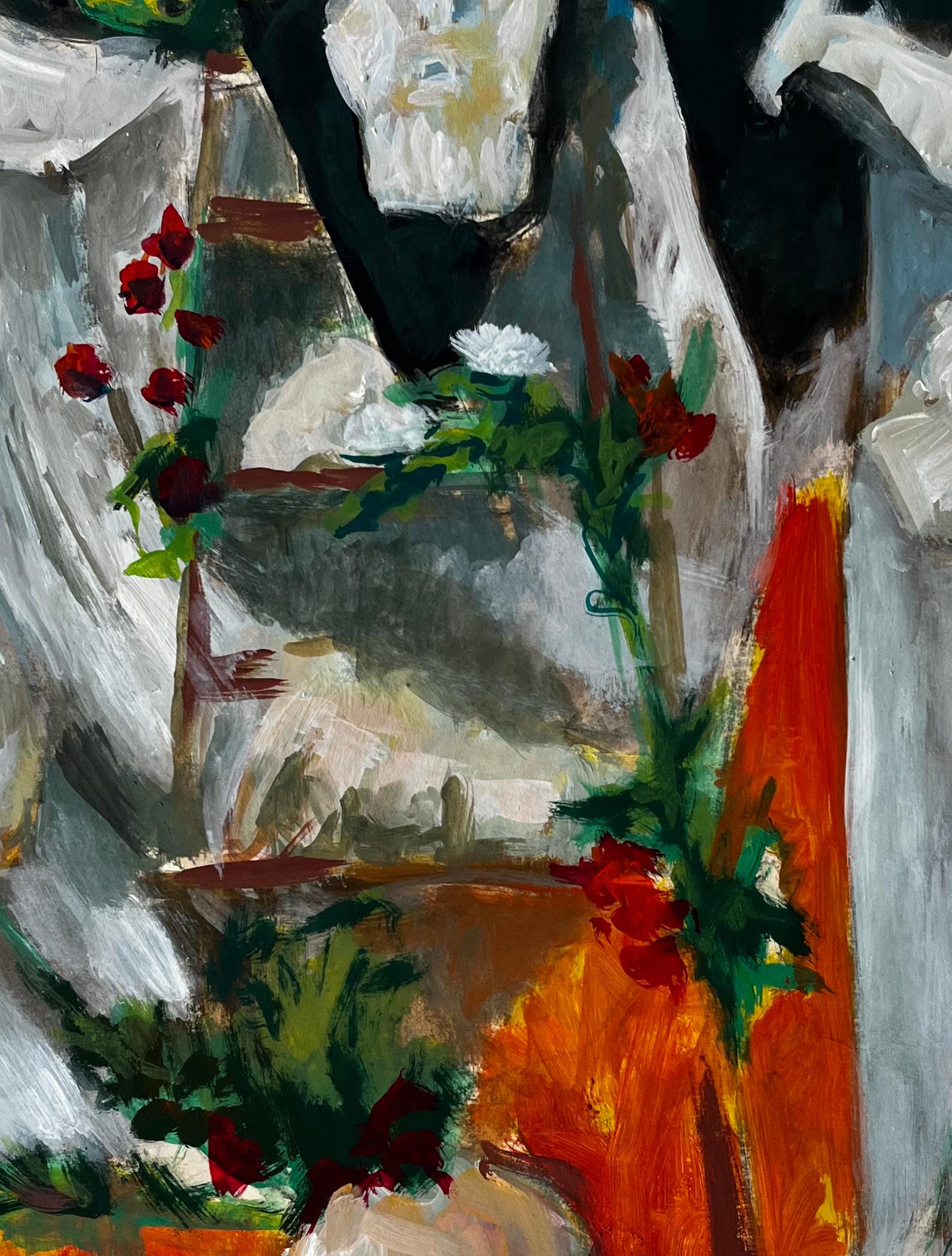 Nature morte à la draperie blanche et aux fleurs Peinture à la gouache moderne française en vente 2