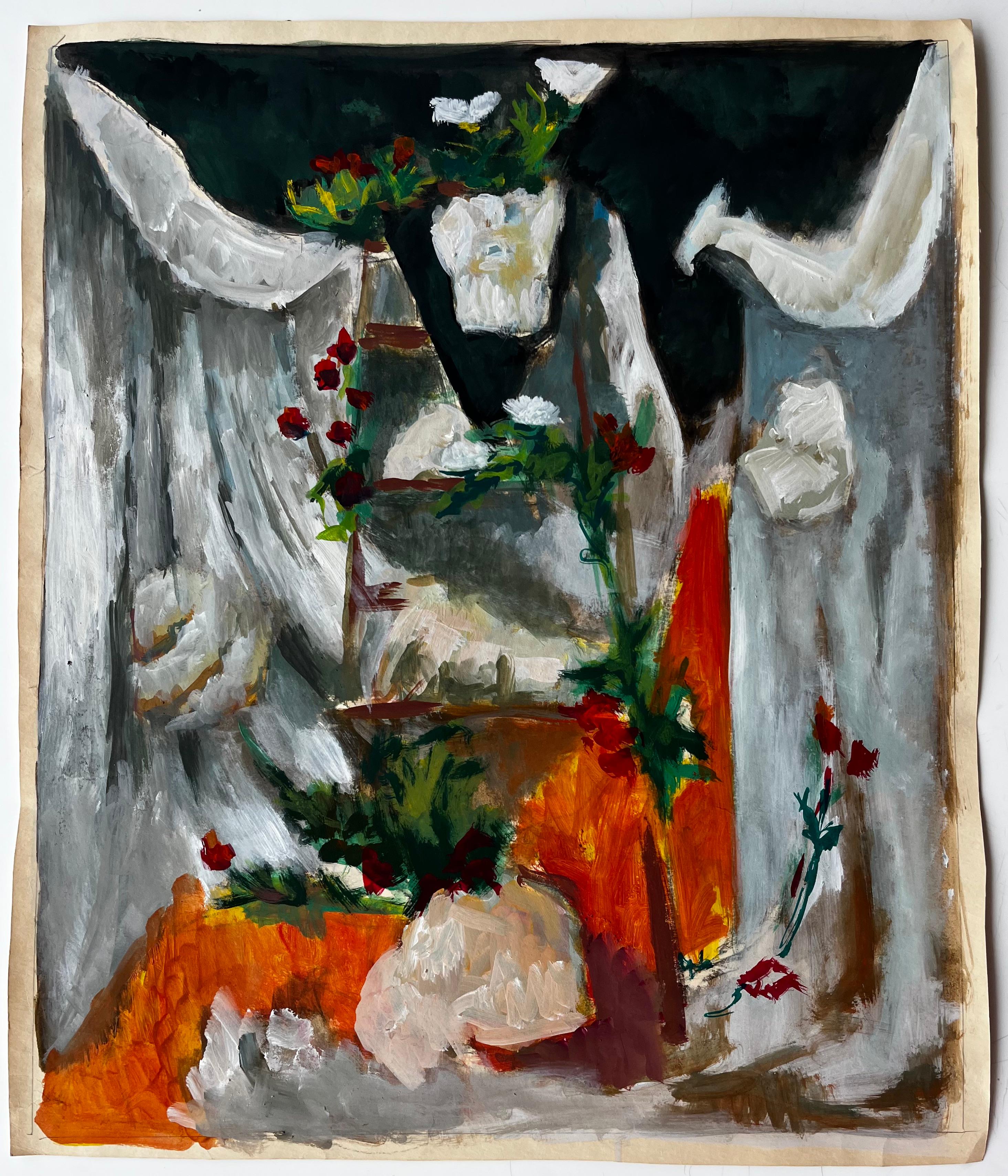Nature morte à la draperie blanche et aux fleurs Peinture à la gouache moderne française - Art de Guy Nicod