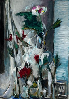 Nature morte florale avec draperie blanche Peinture à la gouache moderne française de Guy Nicod