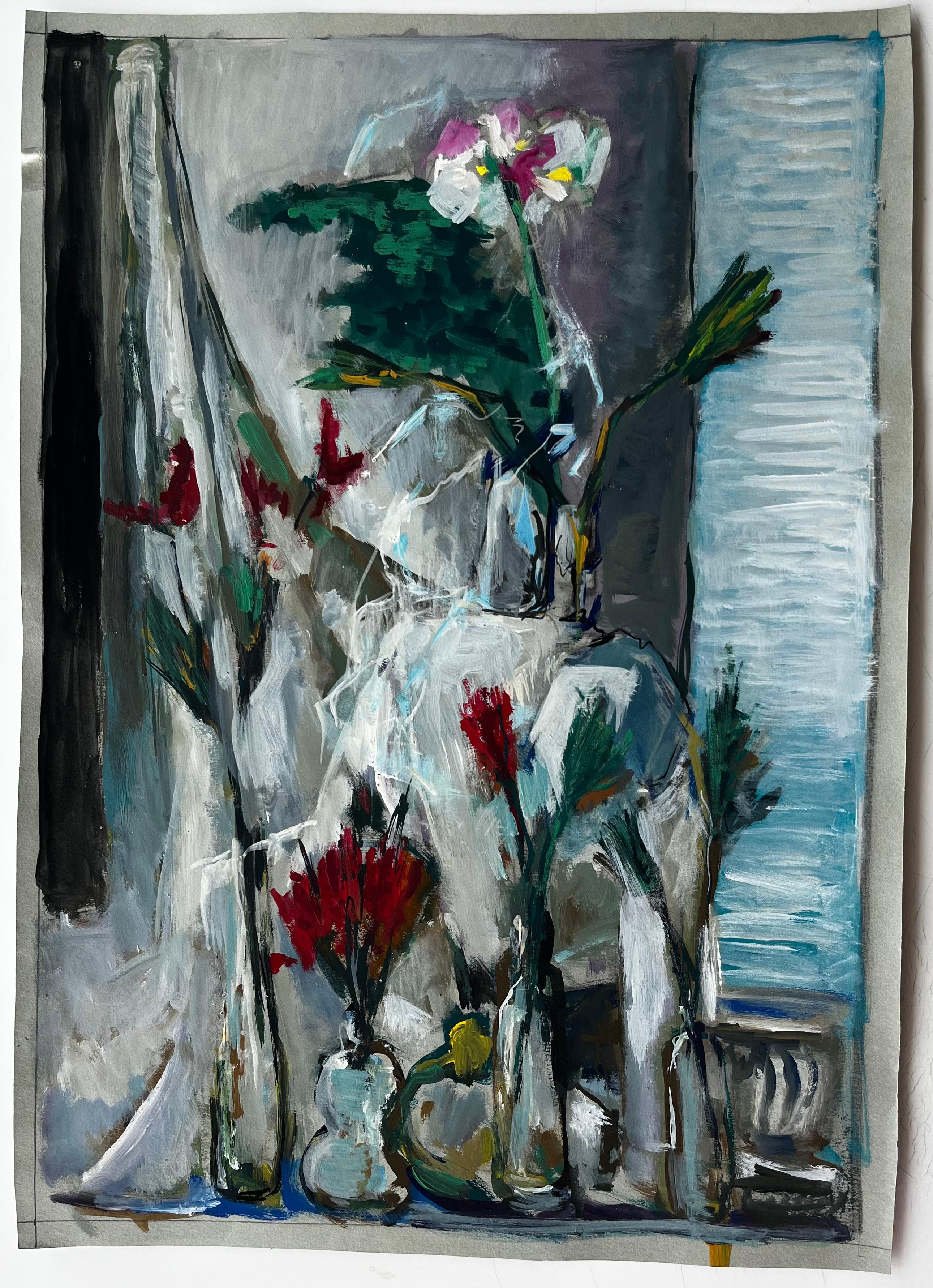 Natura morta floreale con drappeggio bianco Pittura francese moderna a guazzo di Guy Nicod in vendita 1