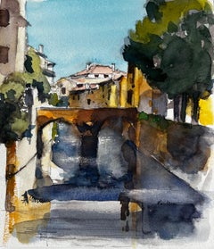Provence Stone Bridge Village Scene Watercolour French Post Impressionist