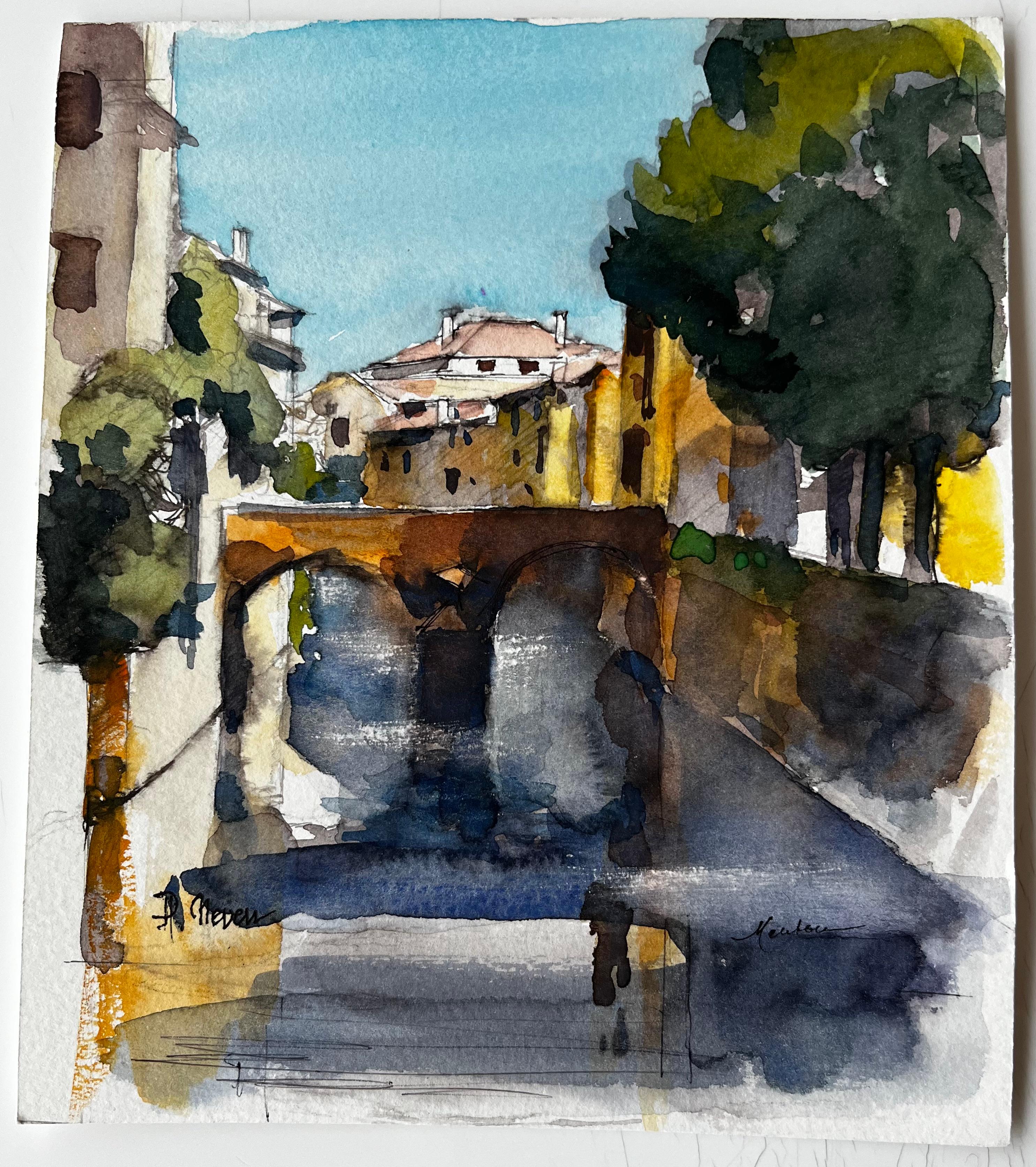 Provence Pont de pierre Scène de village Aquarelle française post-impressionniste - Art de Pierre Neveu