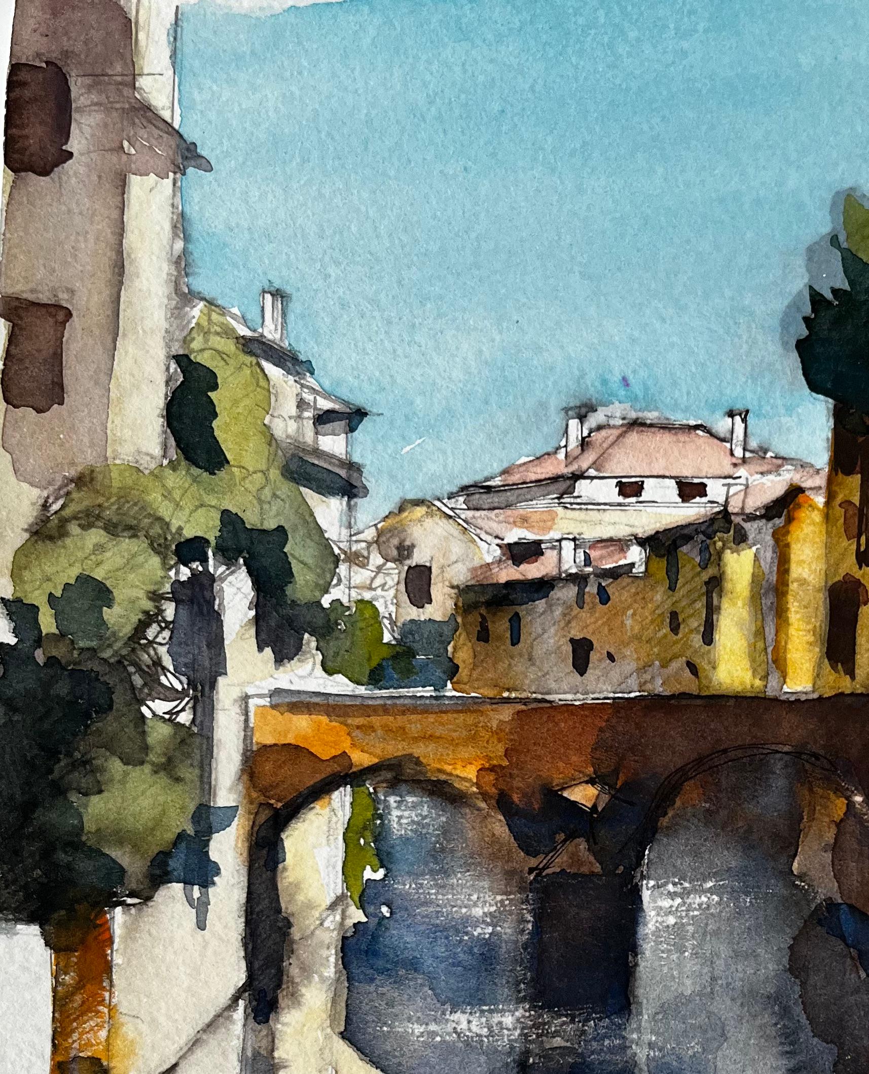 Provence Pont de pierre Scène de village Aquarelle française post-impressionniste - Post-impressionnisme Art par Pierre Neveu