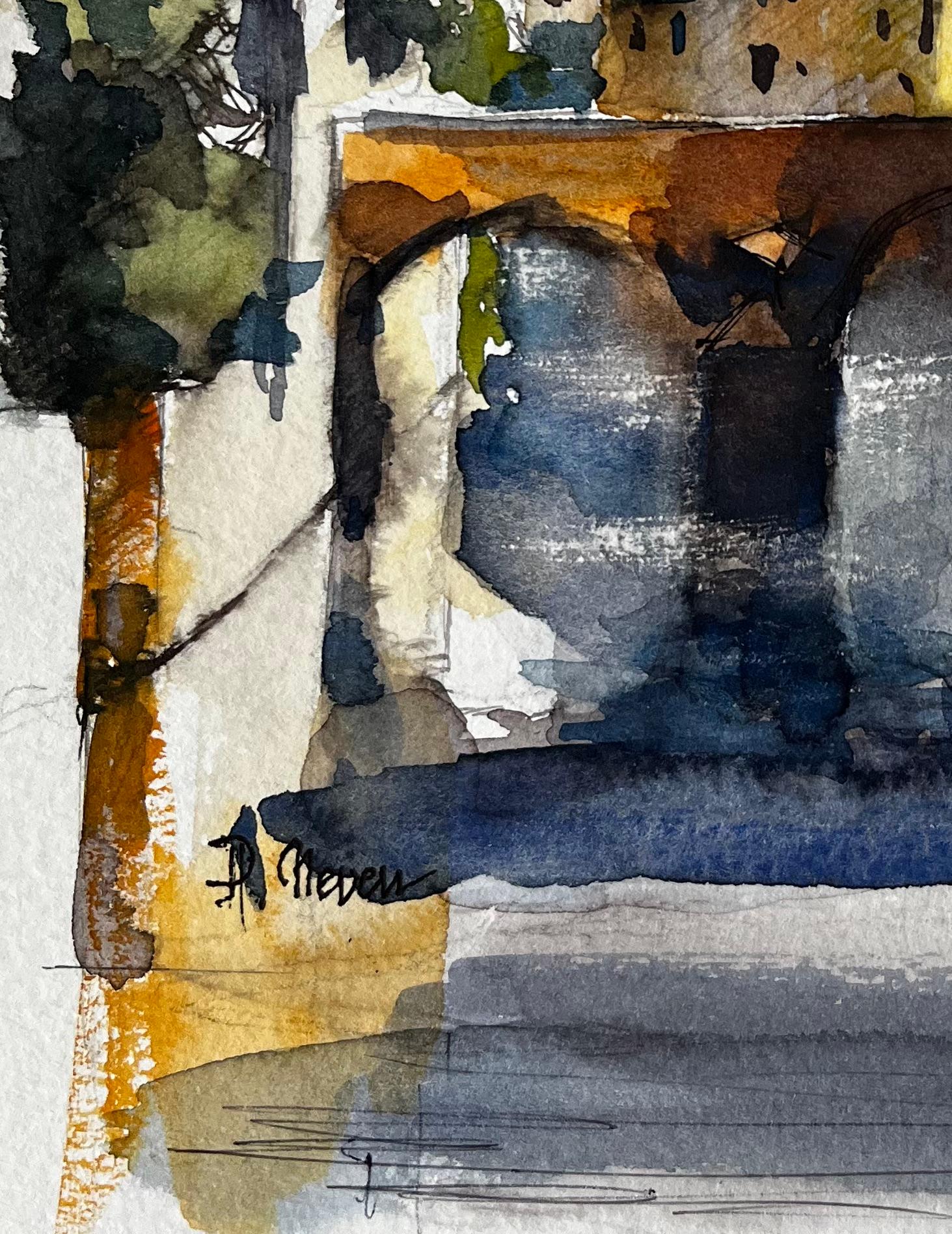 Provence Pont de pierre Scène de village Aquarelle française post-impressionniste en vente 1
