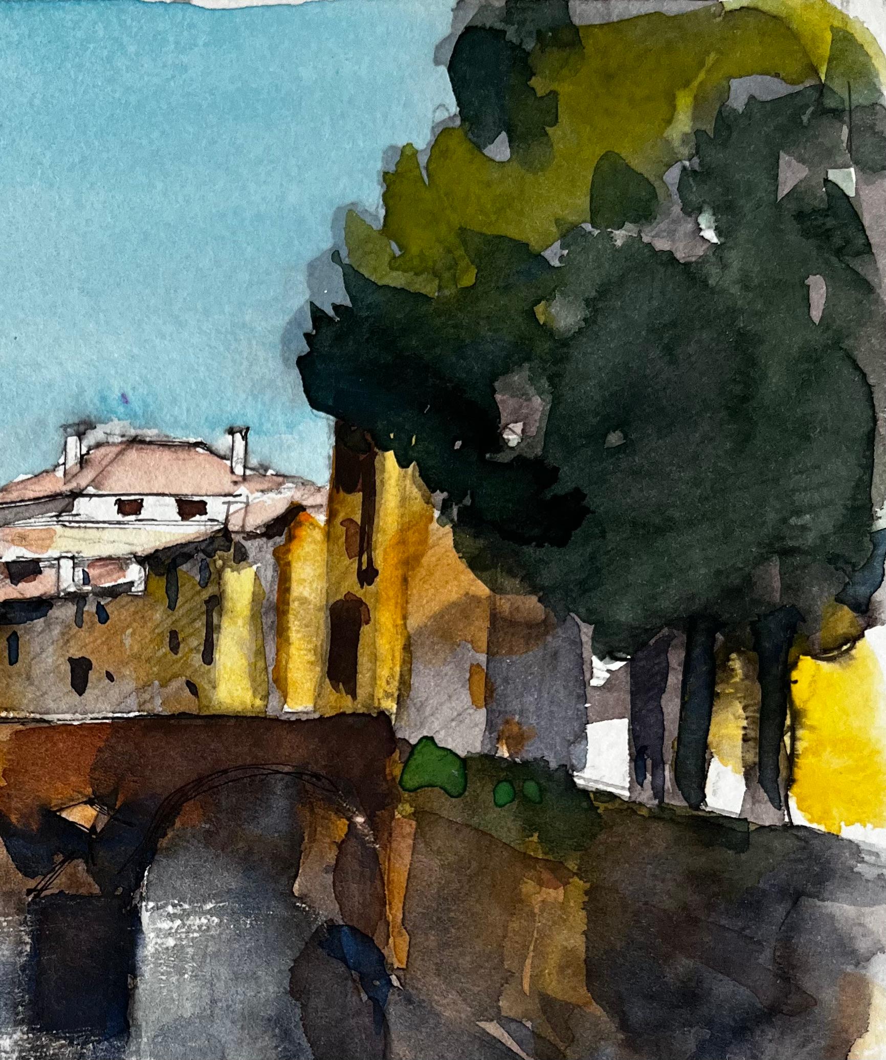 Provence Pont de pierre Scène de village Aquarelle française post-impressionniste - Noir Landscape Art par Pierre Neveu