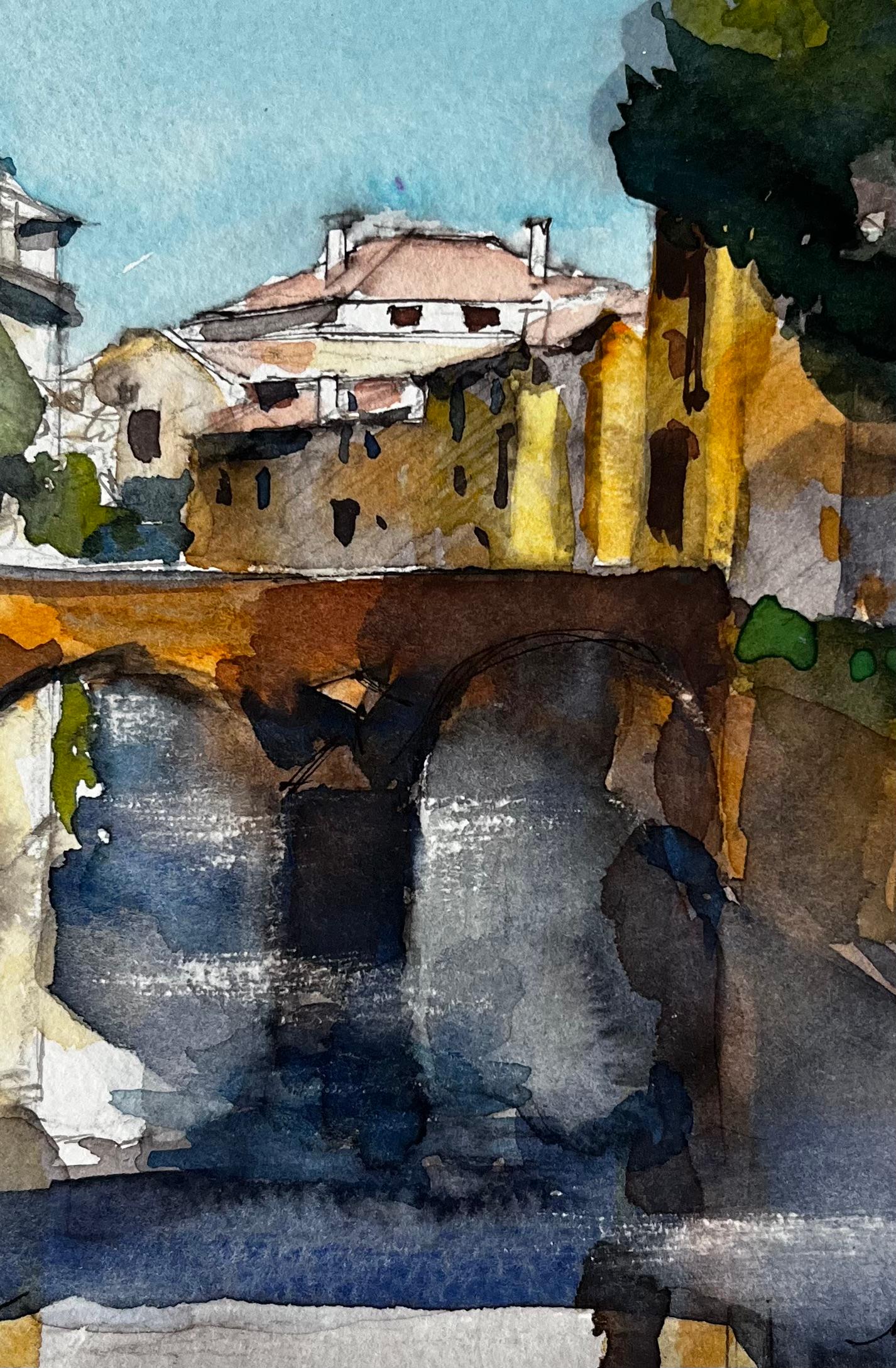Provence Pont de pierre Scène de village Aquarelle française post-impressionniste en vente 2