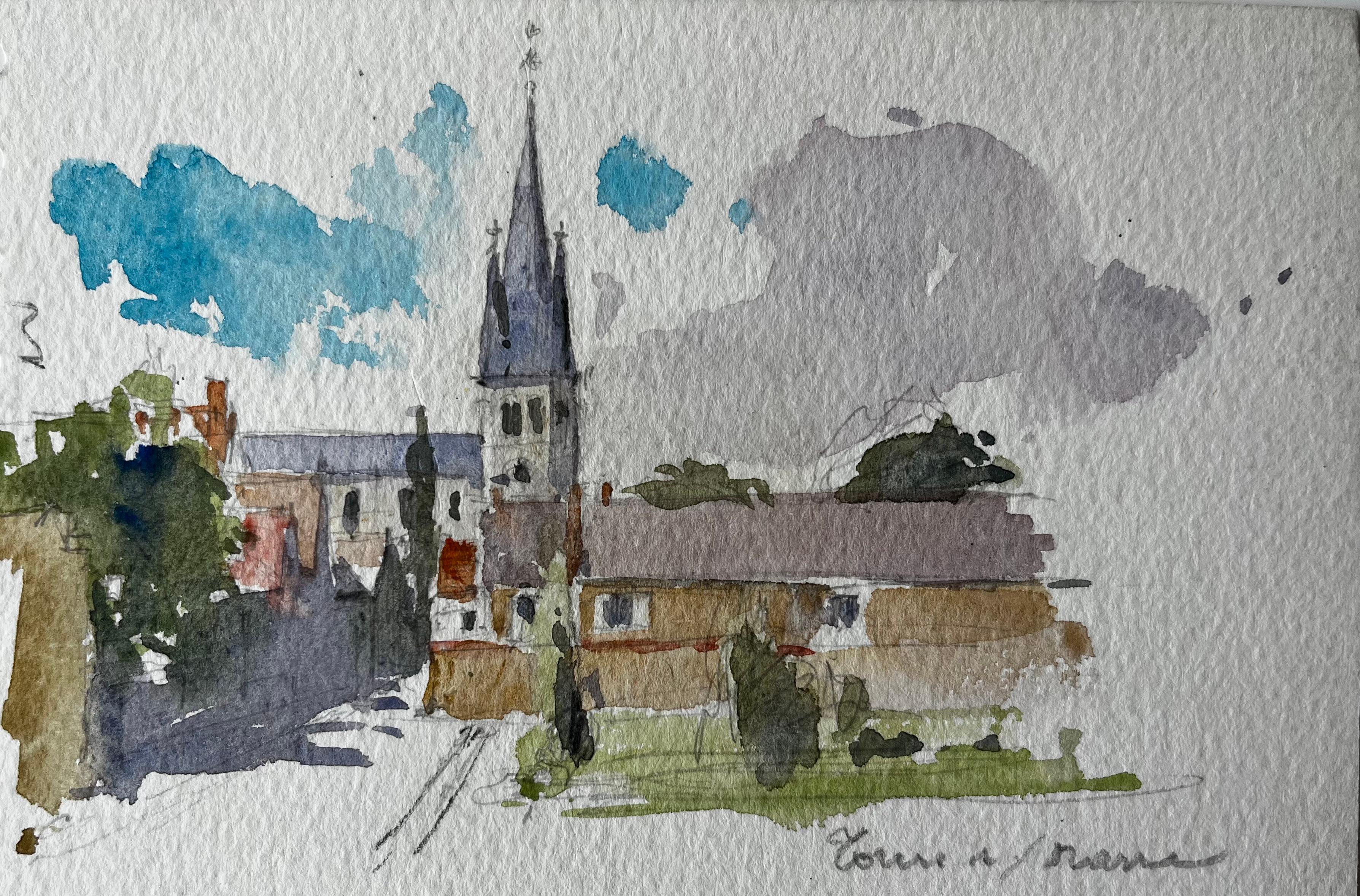 Church Tower Village Street Scene Watercolour French Post Impressionist