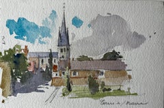 Church Tower Village Street Scene Watercolour French Post Impressionist