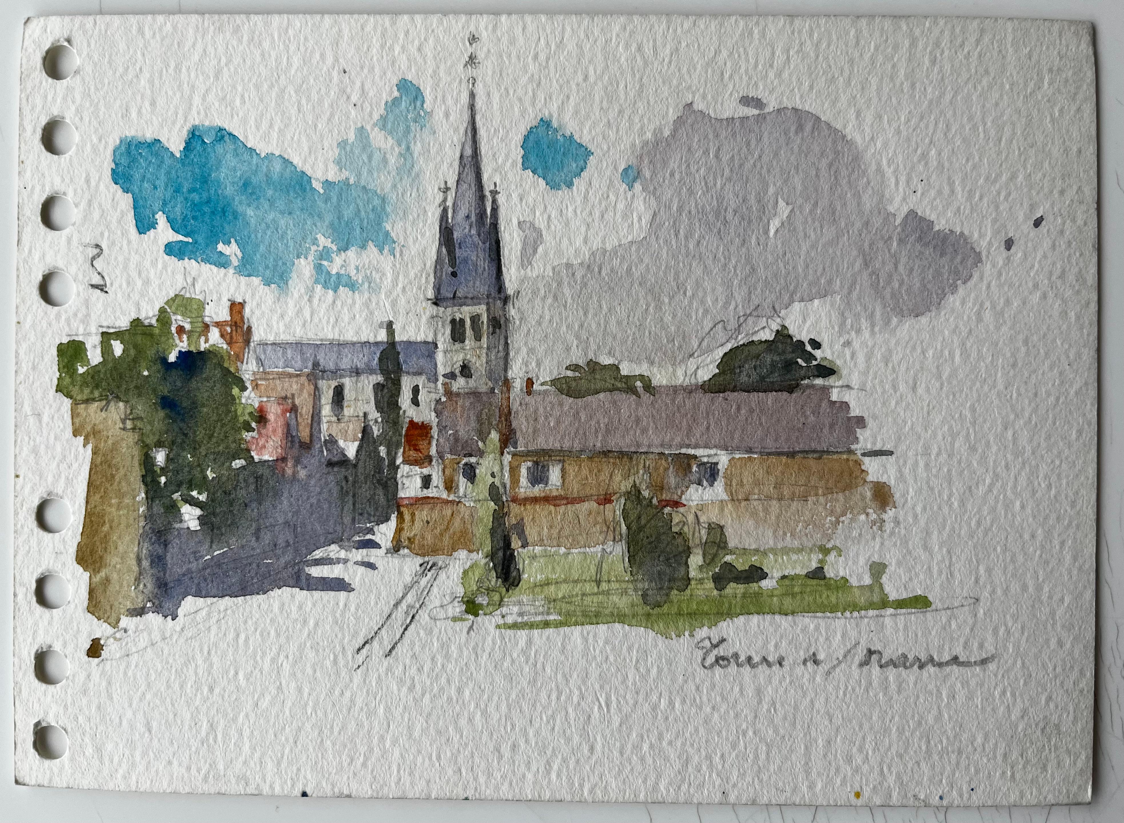 Torre della Chiesa Villaggio Scena di strada Acquerello Francese Post Impressionista - Art di Pierre Neveu