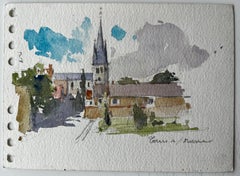 Church Tower Village Street Scene Watercolour French Post Impressionist