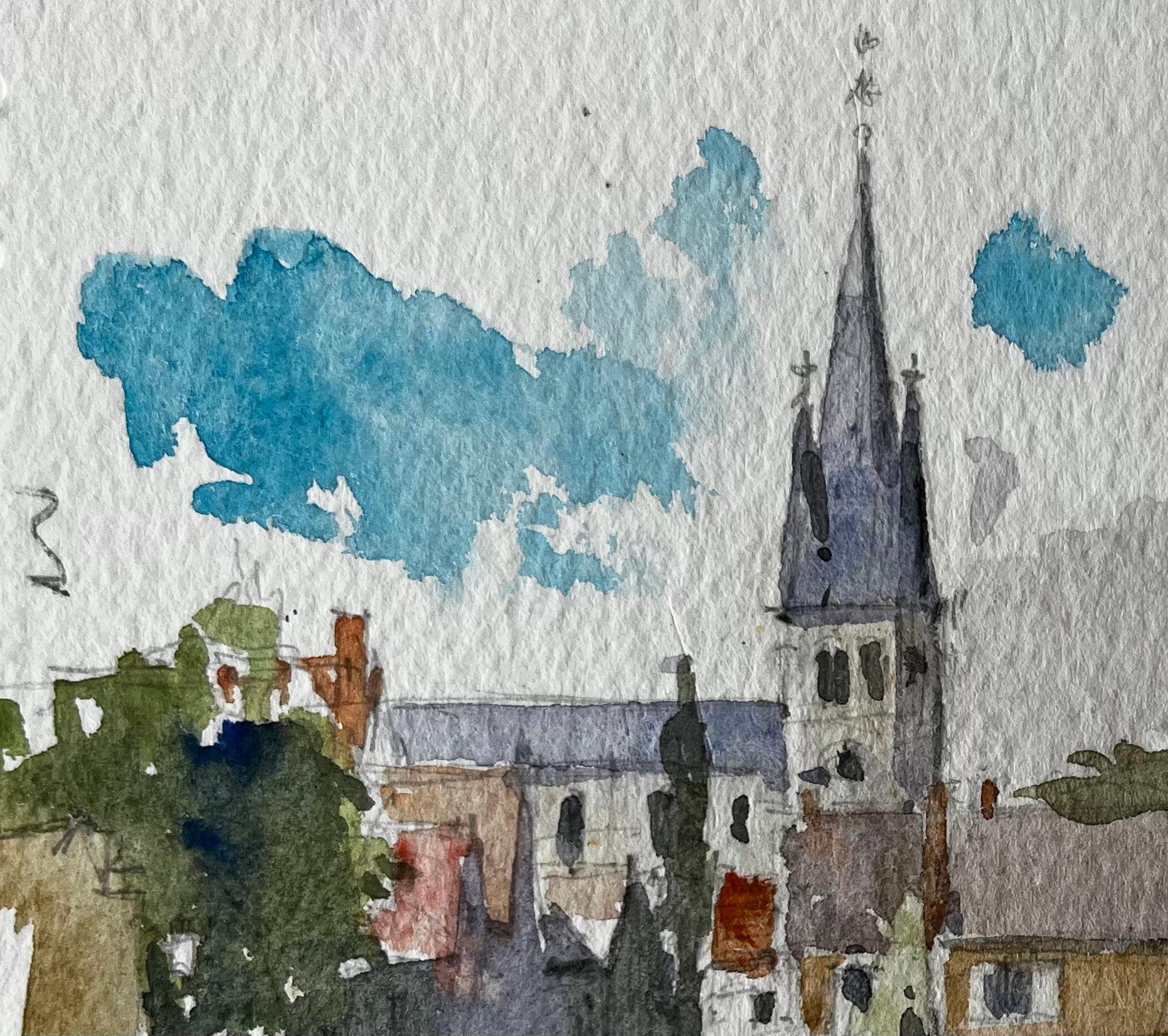 Torre della Chiesa Villaggio Scena di strada Acquerello Francese Post Impressionista - Art Postimpressionismo di Pierre Neveu