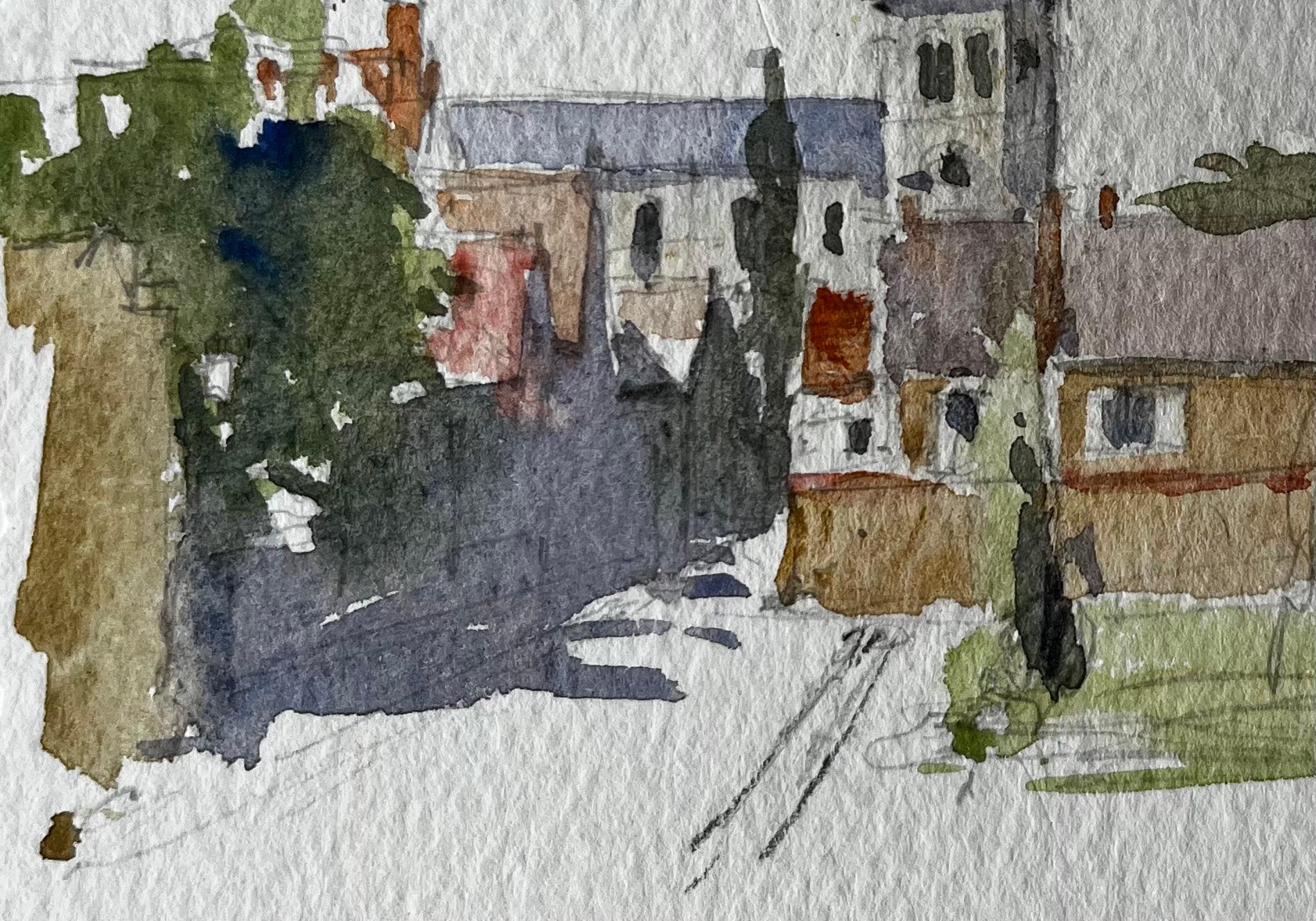 Titolo: Torre della Chiesa Villaggio Scena di strada Acquerello Francese Post Impressionista
Artista: Pierre Neveu (francese, nato nel 1929)
Medium: Acquerello su carta da artisti, senza cornice
Dimensioni (H. H. x L.): 5 x 7 pollici
Inscritto in