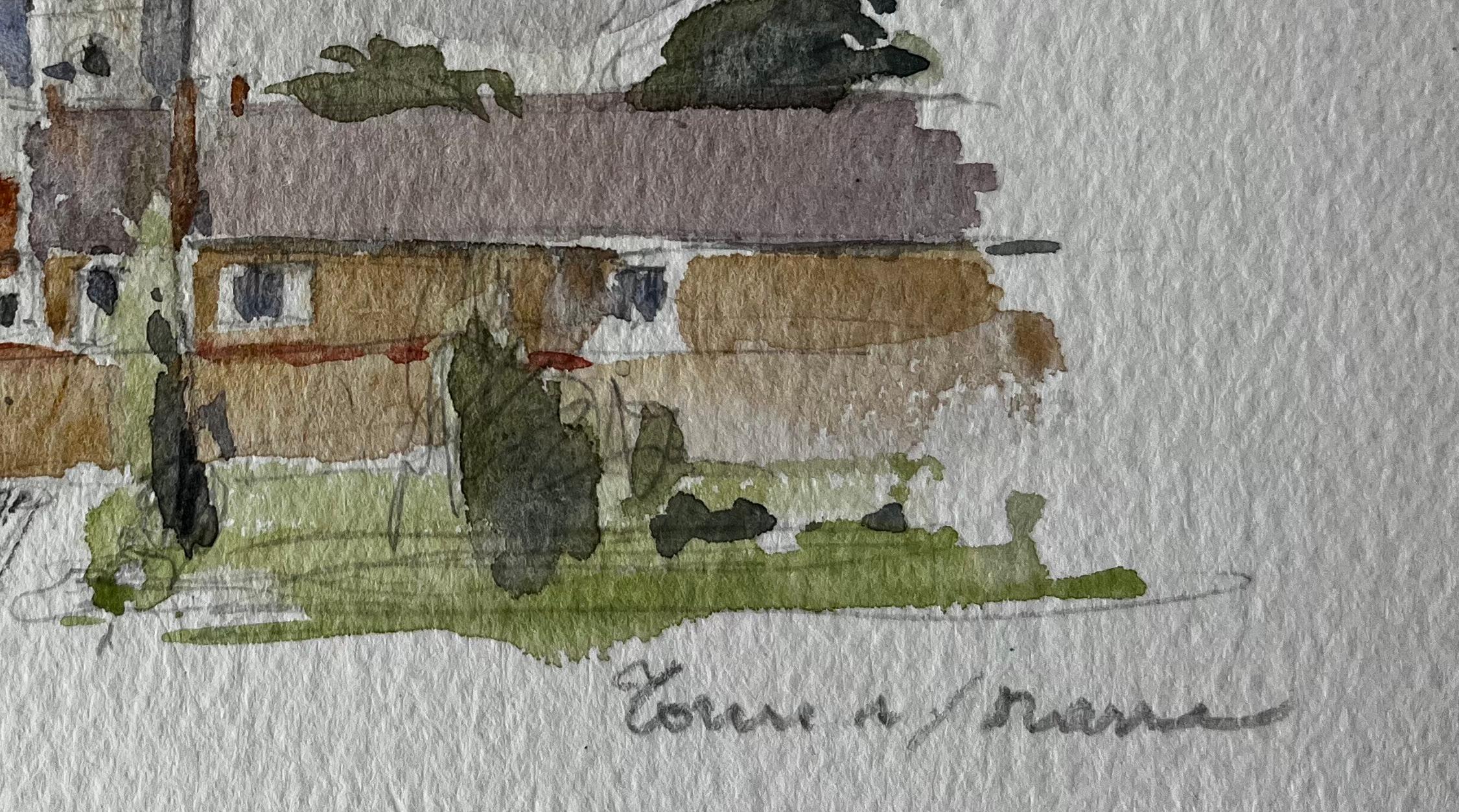 Torre della Chiesa Villaggio Scena di strada Acquerello Francese Post Impressionista - Landscape Art Grigio di Pierre Neveu