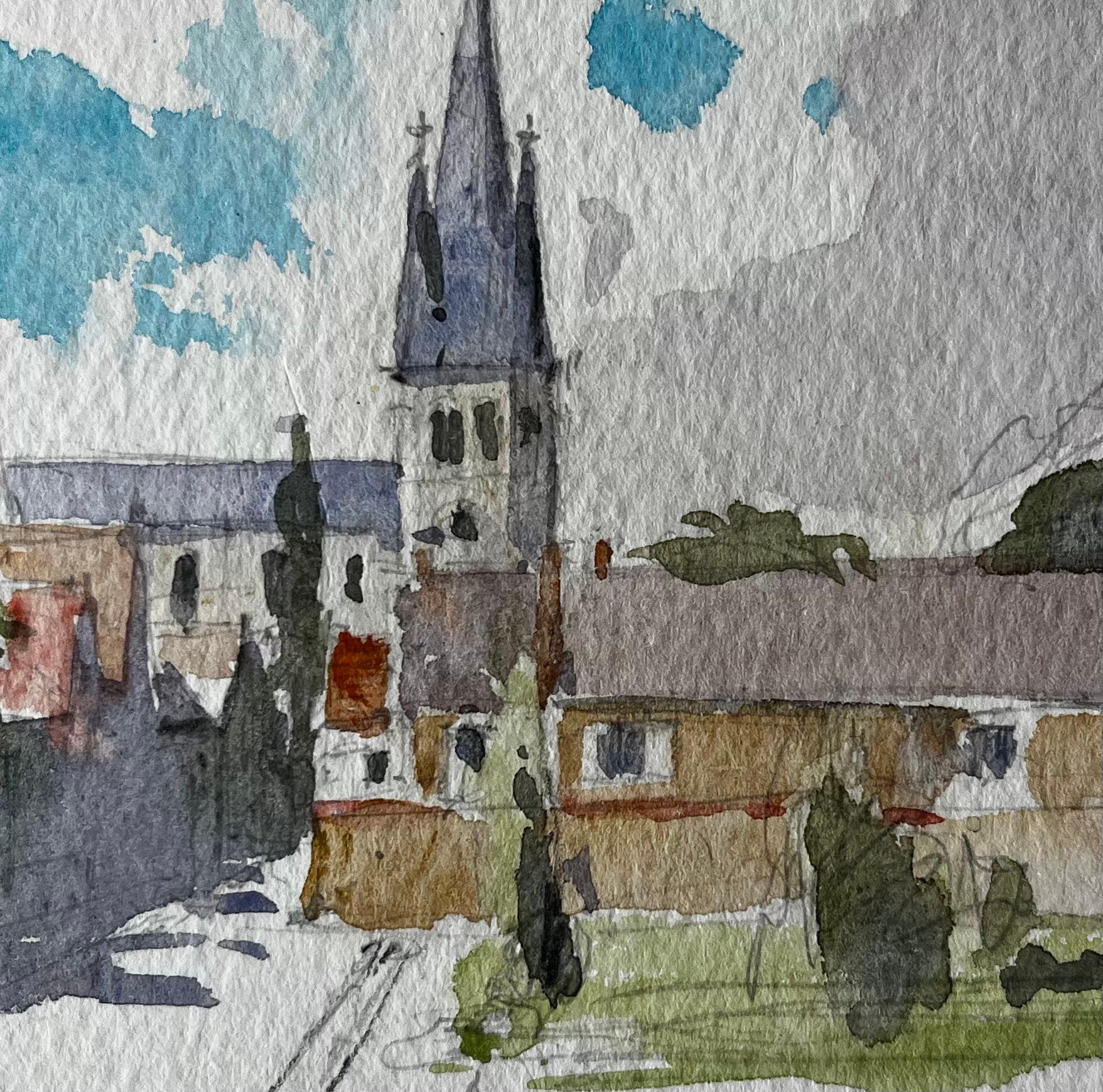 Torre della Chiesa Villaggio Scena di strada Acquerello Francese Post Impressionista in vendita 2
