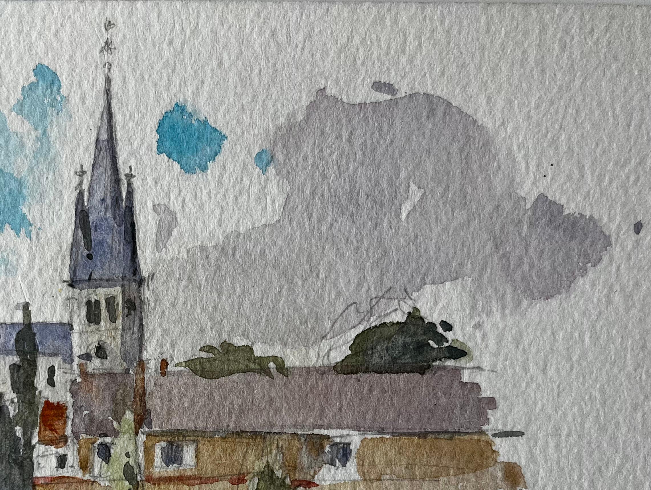 Torre della Chiesa Villaggio Scena di strada Acquerello Francese Post Impressionista in vendita 1