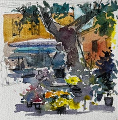 Provence Village Flower Market Scene Watercolour French Post Impressionist