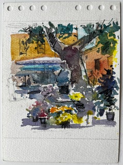 Provence Dorf Blumenmarkt Szene Aquarell Französisch Post Impressionist