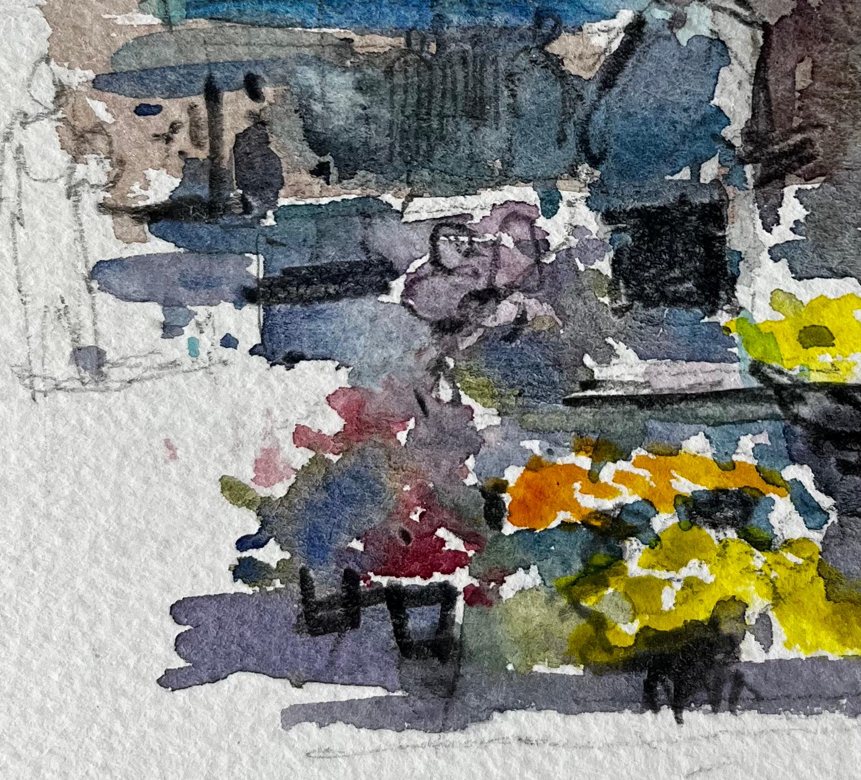 Village de Provence Scène de marché aux fleurs Aquarelle française post-impressionniste en vente 1