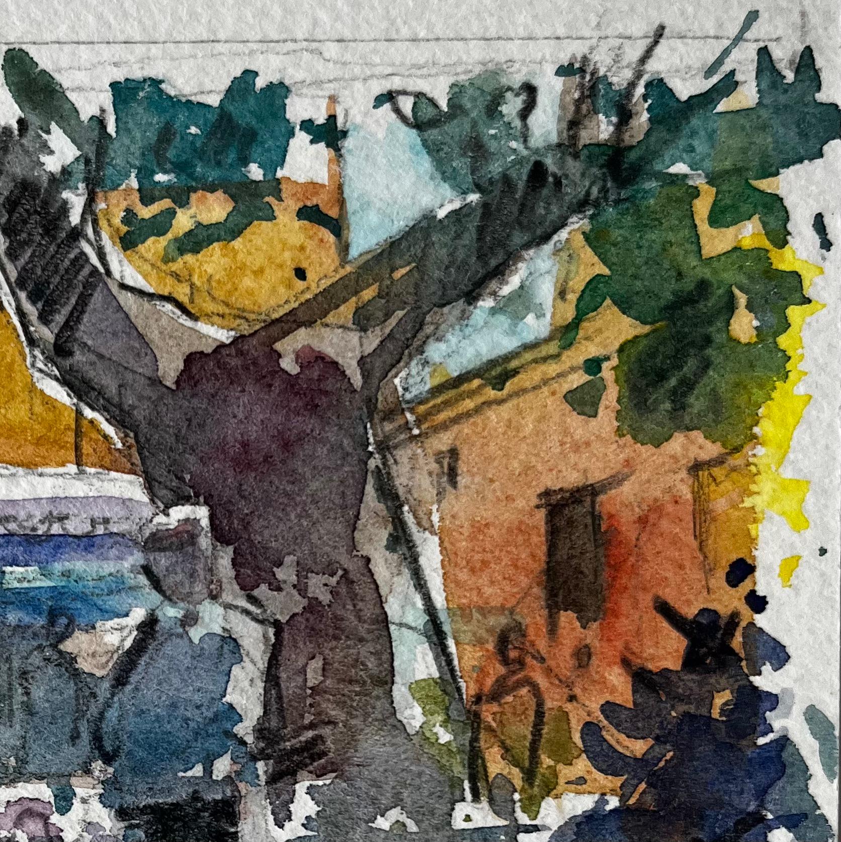 Village de Provence Scène de marché aux fleurs Aquarelle française post-impressionniste - Post-impressionnisme Art par Pierre Neveu